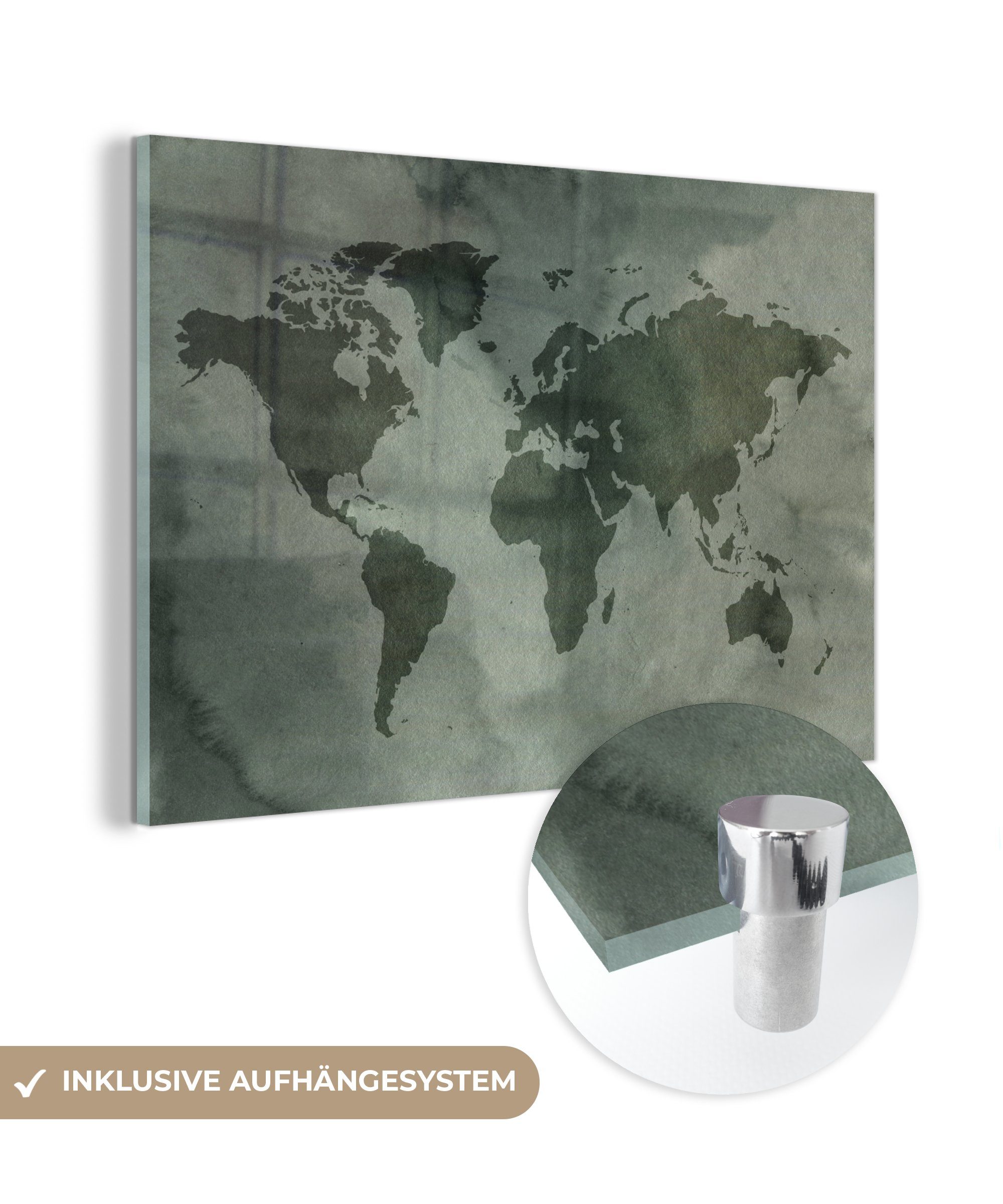 Acrylglasbild Bilder St), auf Grau, Foto Aquarell - Glas - Glasbilder MuchoWow Glas - (1 Wandbild auf Weltkarte - Wanddekoration -
