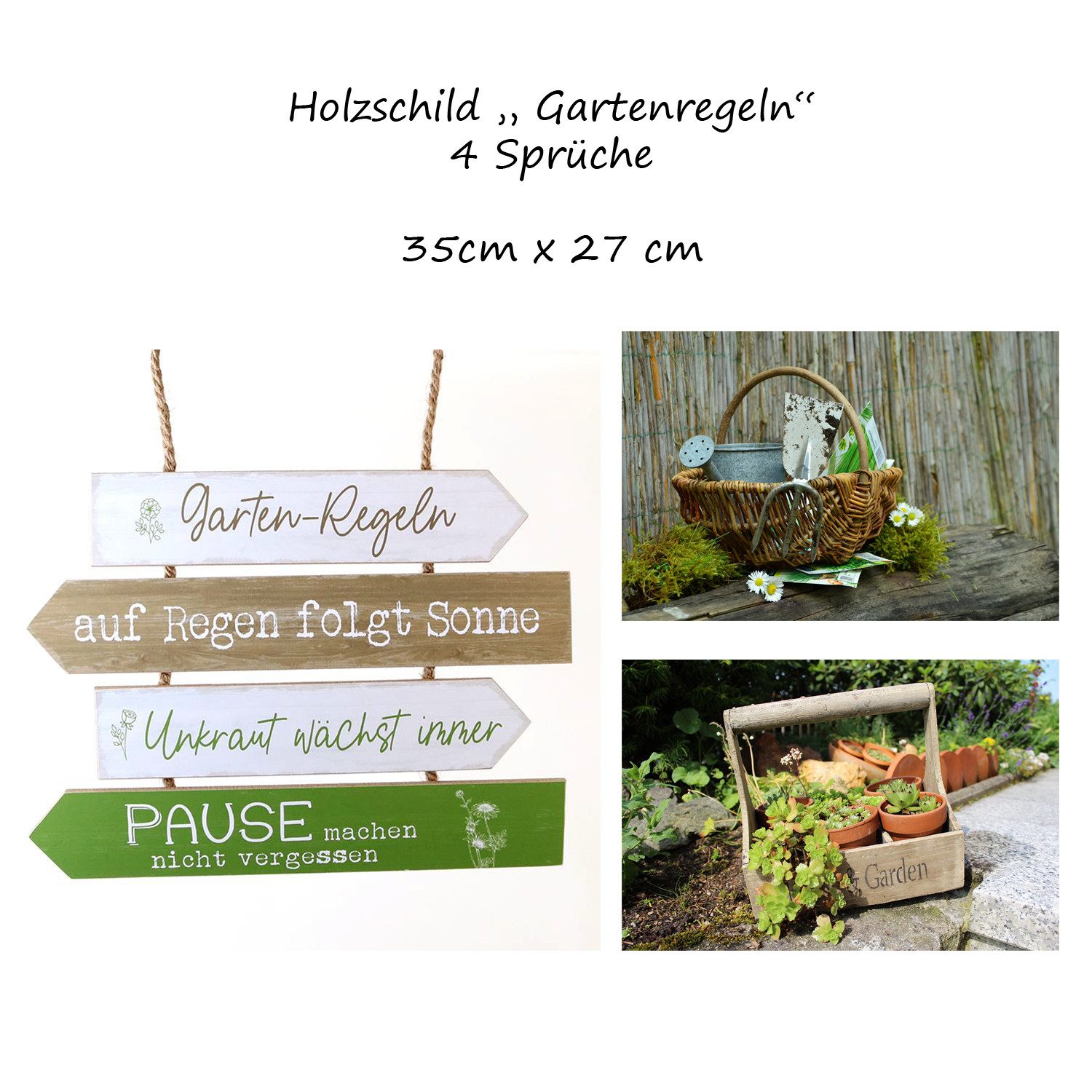 LB H&F Lilienburg Metallschild Holzschild Gartenregeln / 4 Sprüchen Schild Garten Regen folgt Sonne, (garten regeln spruch lustig geschenk gartendeko poster bild blechschild dekoschild regen pusteblume sonnenblume, gartenschild geburtstag sprüche kräuter pflanzen), 4 Sprüche