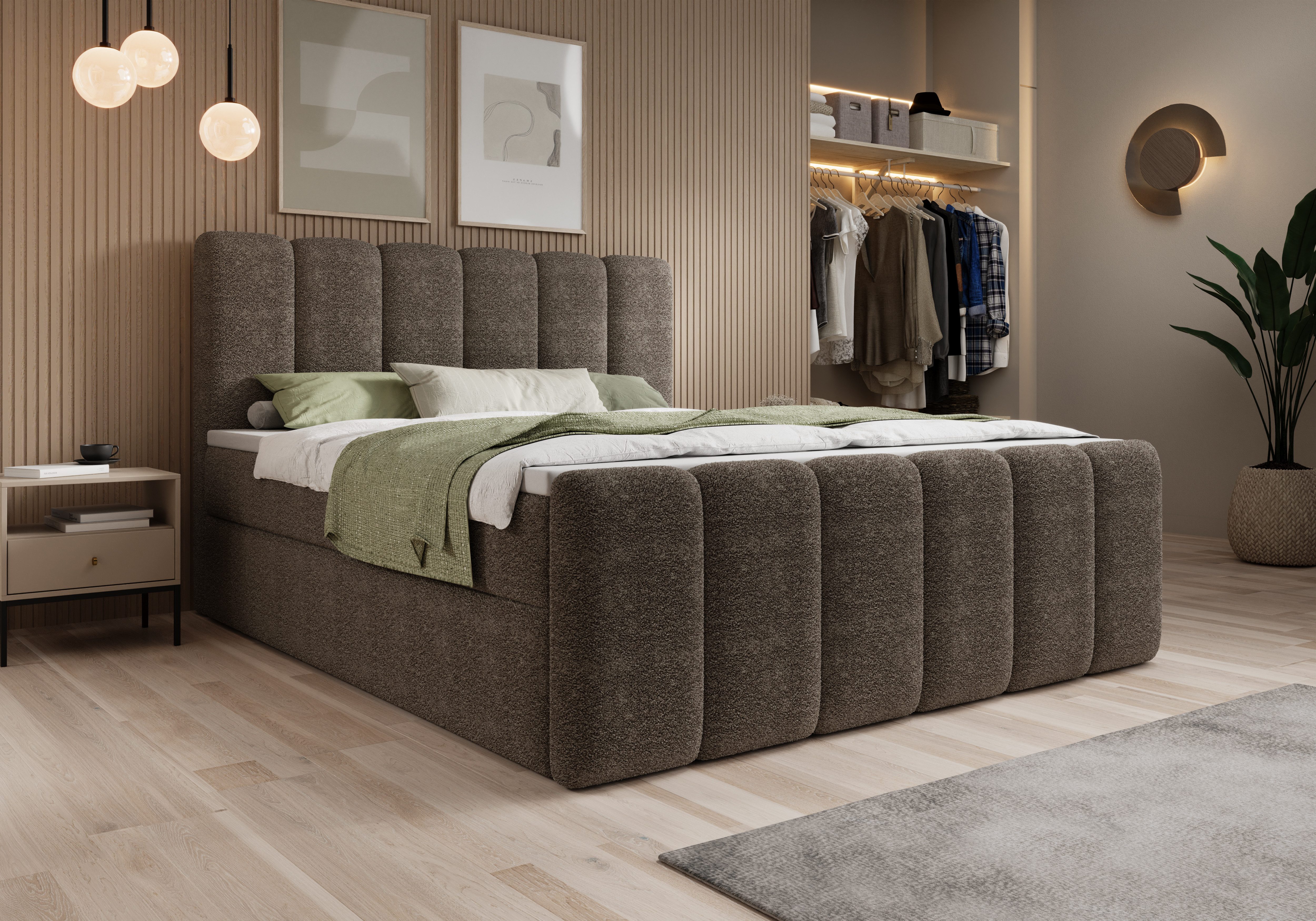 thematys Boxbett mit Bettkasten 140x200–200x200 cm – Velours oder Bouclé Bezug – (Polsterbett Bonnellfederkern Matratze H3 + Gratis 3cm Topper, Boxbett - Luxus Doppelbett mit Stauraum)
