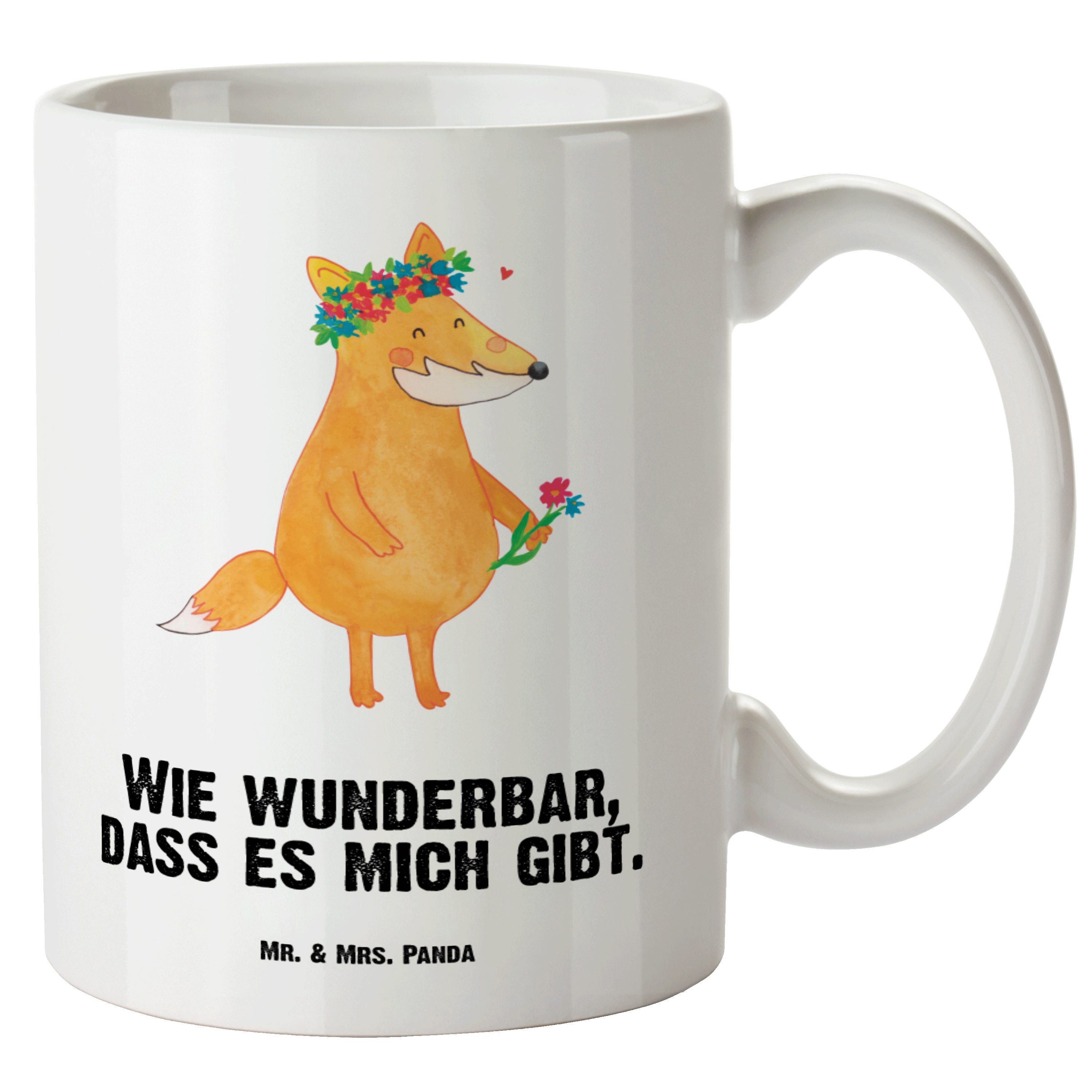 Mr. & Mrs. Panda Tasse Fuchs Blumenliebe - Weiß - Geschenk, Freundin, Blumenkranz, spülmasch, XL Tasse Keramik
