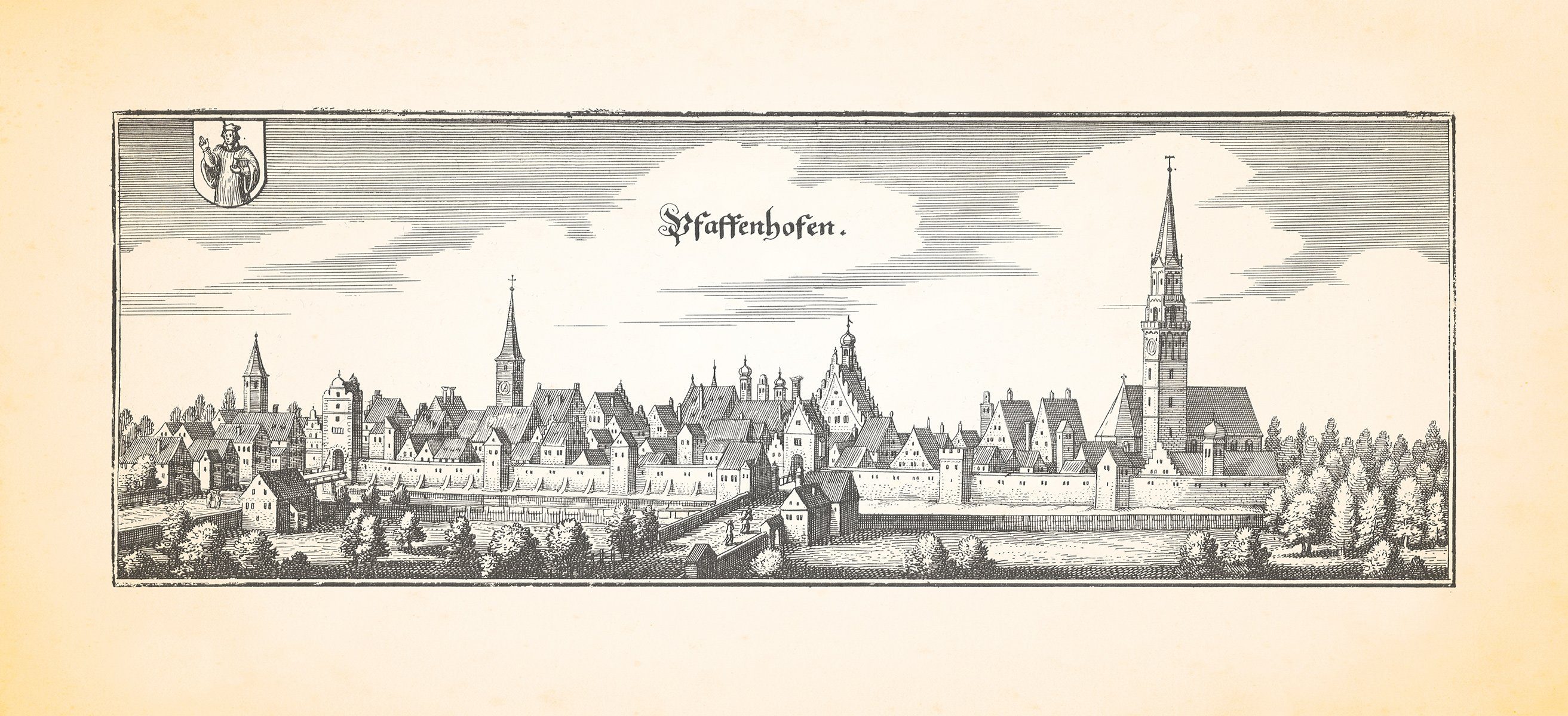 Kunstdruck Pfaffenhofen Ilm Pfarrkirche Spitalkirche Pfänderturm Kupferstich Meri