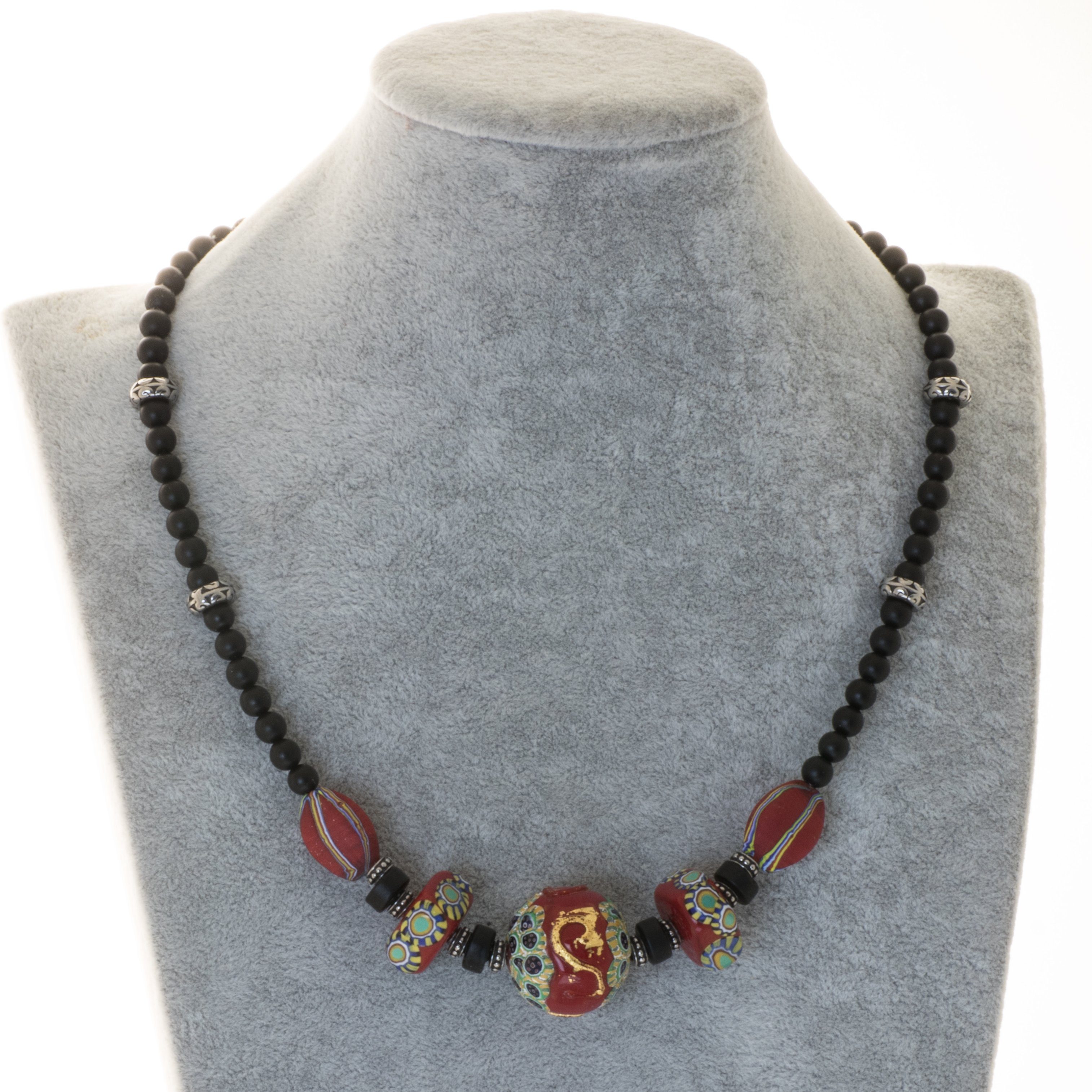 Perlenkette Kette mit Murano Glas Mosaik Perlen rot und Achat schwarz