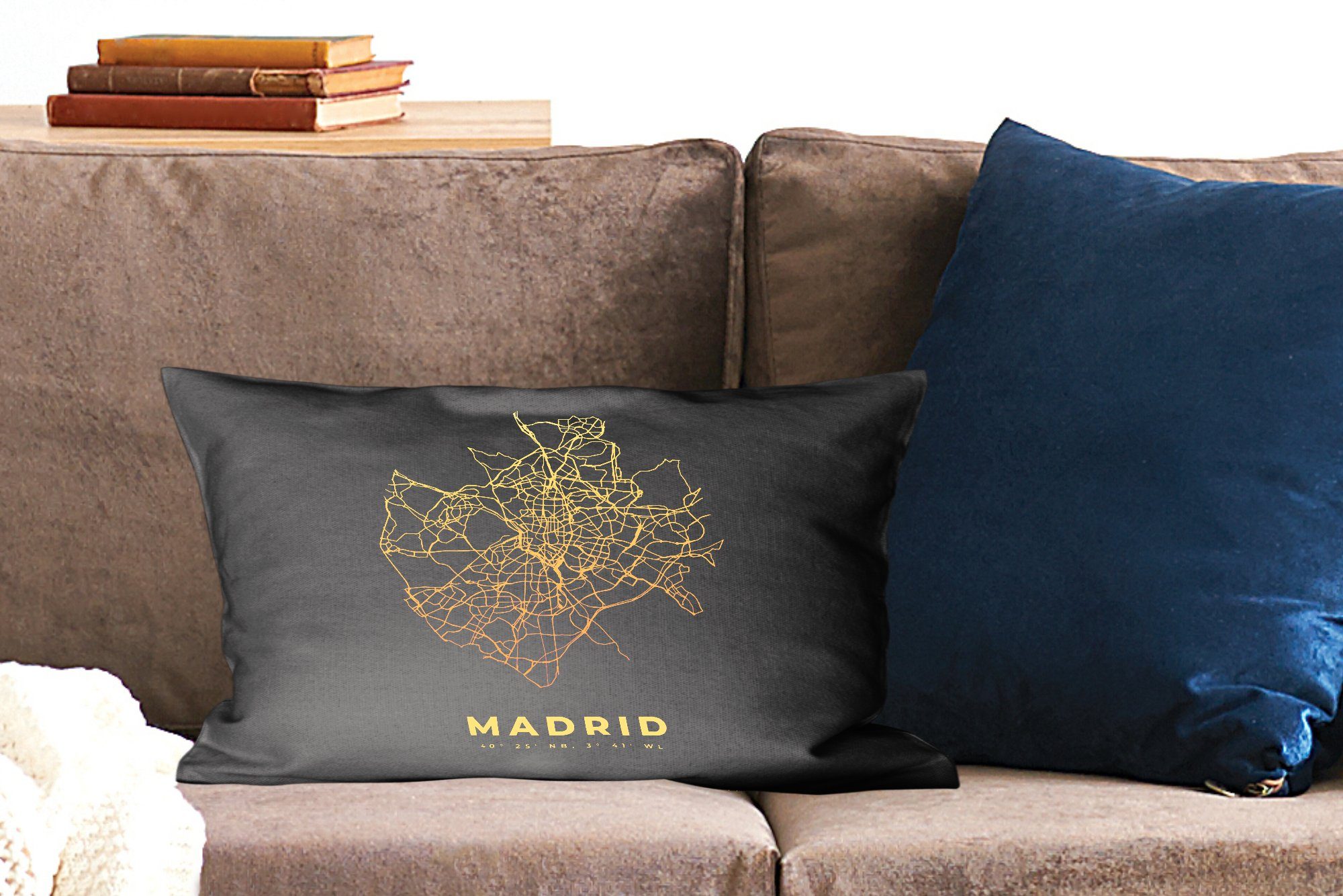 Wohzimmer Dekoration, MuchoWow Gold, - Madrid Karte Dekokissen mit Füllung, Schlafzimmer Spanien - Dekokissen Zierkissen, -