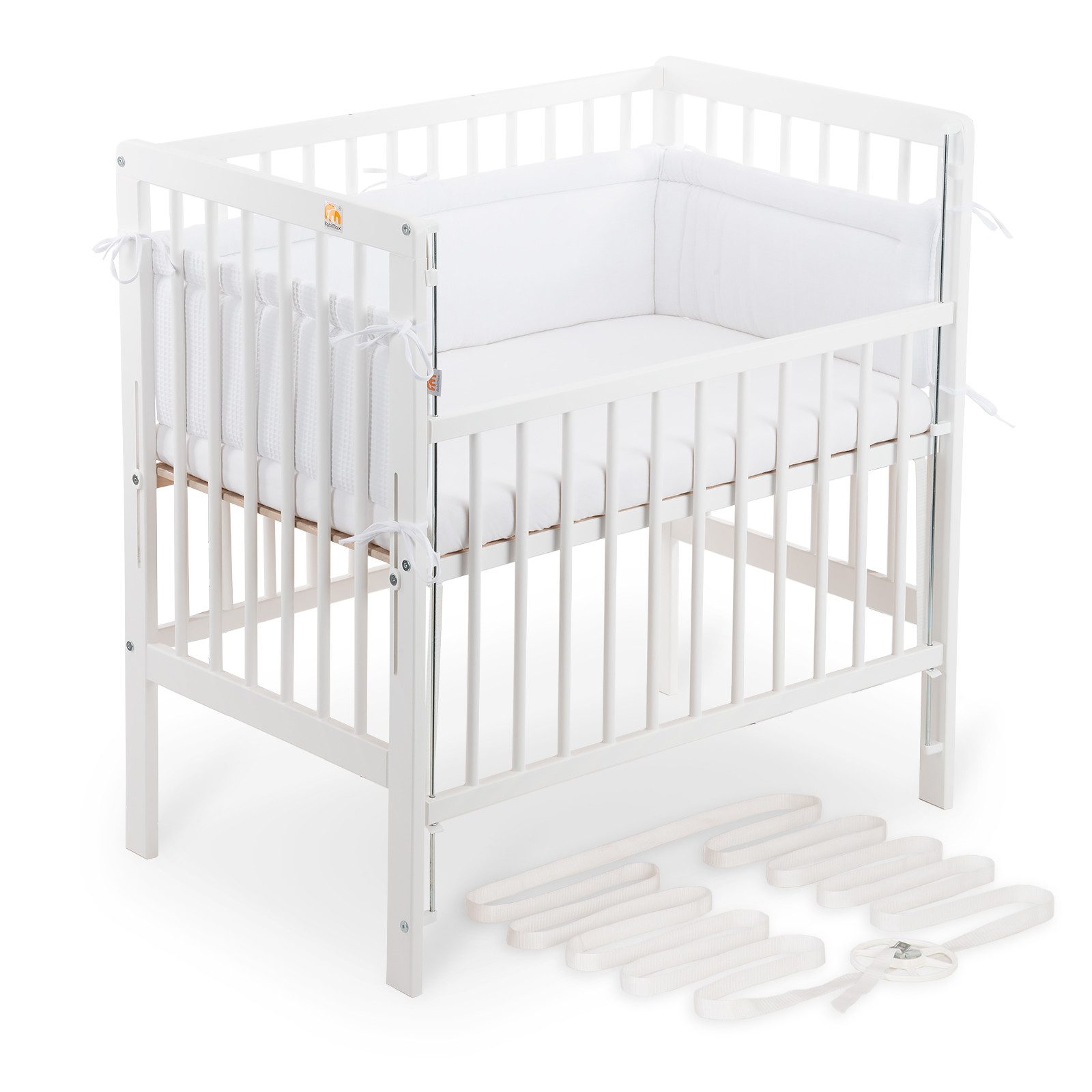 FabiMax Beistellbett Beistellbett Flex 90x55, TÜV geprüft, aus Buchenholz weiß lackiert, stufenlos höhenverstellbar, passend für Boxspringbetten, 2 in 1