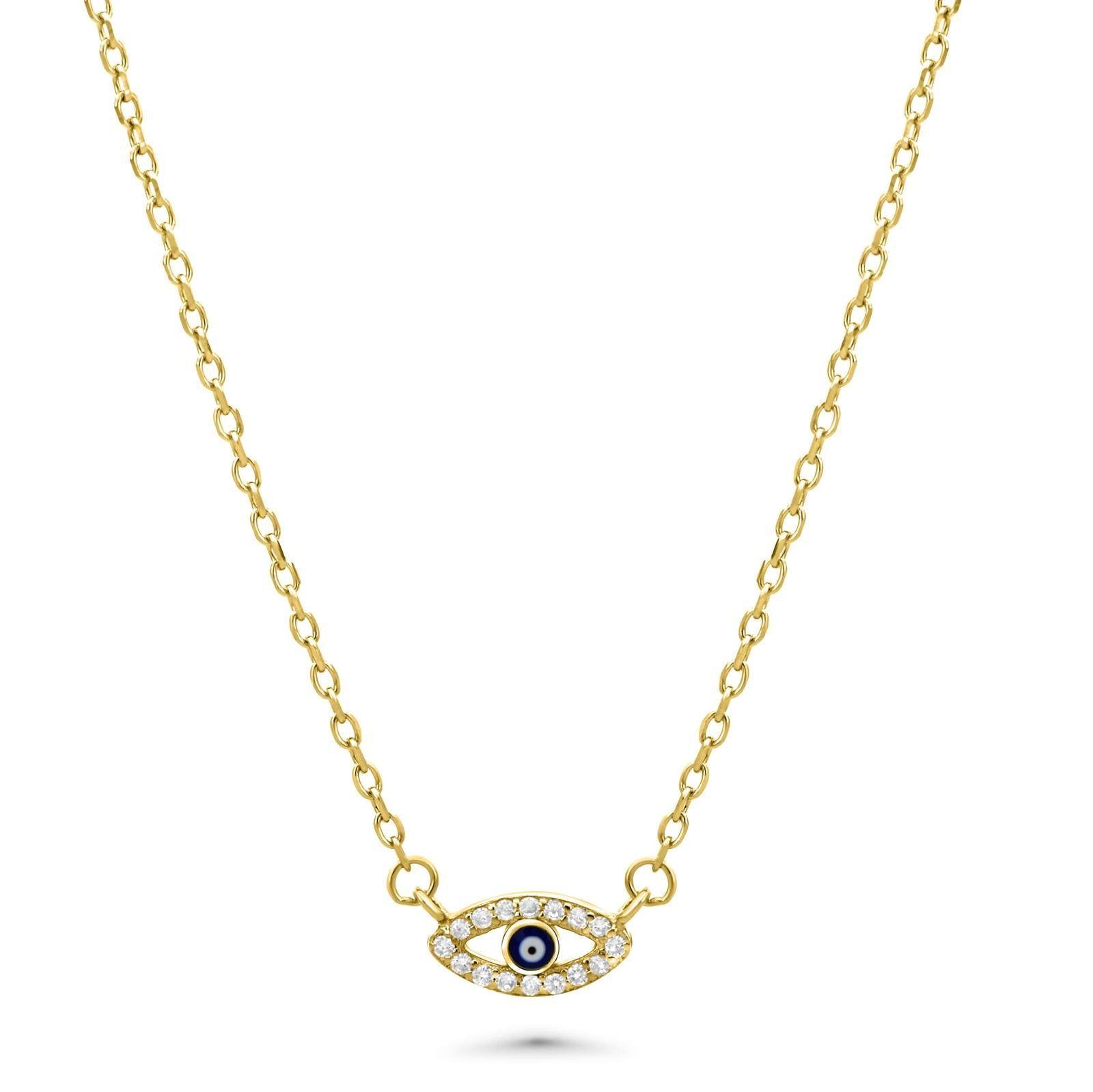 Tony Fein Kette mit Anhänger Blaues Auge Amulett Poliert 585er Vergoldet, mit Verlängerung von 42-45 cm 925er Silber mit Zirkonia für Damen