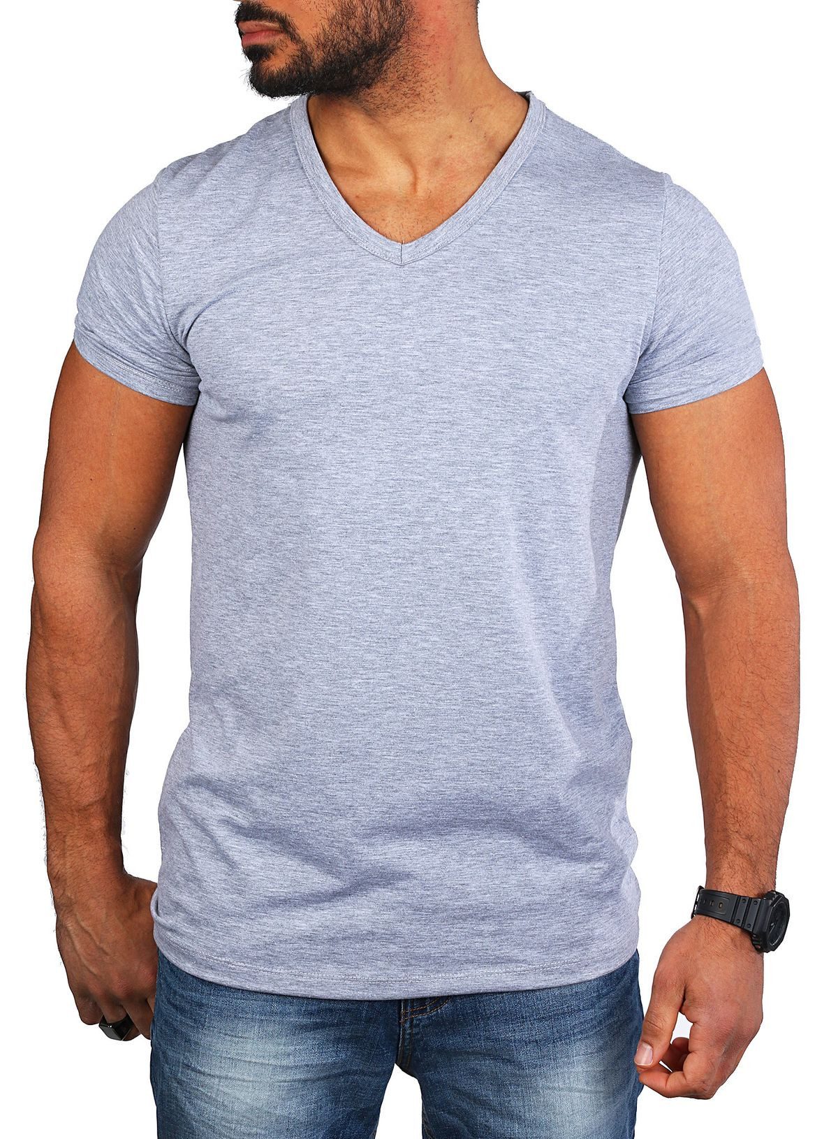 T-Shirt Herren Uni Basic tief-breit geschnittener V-Ausschnitt v-neck 4644