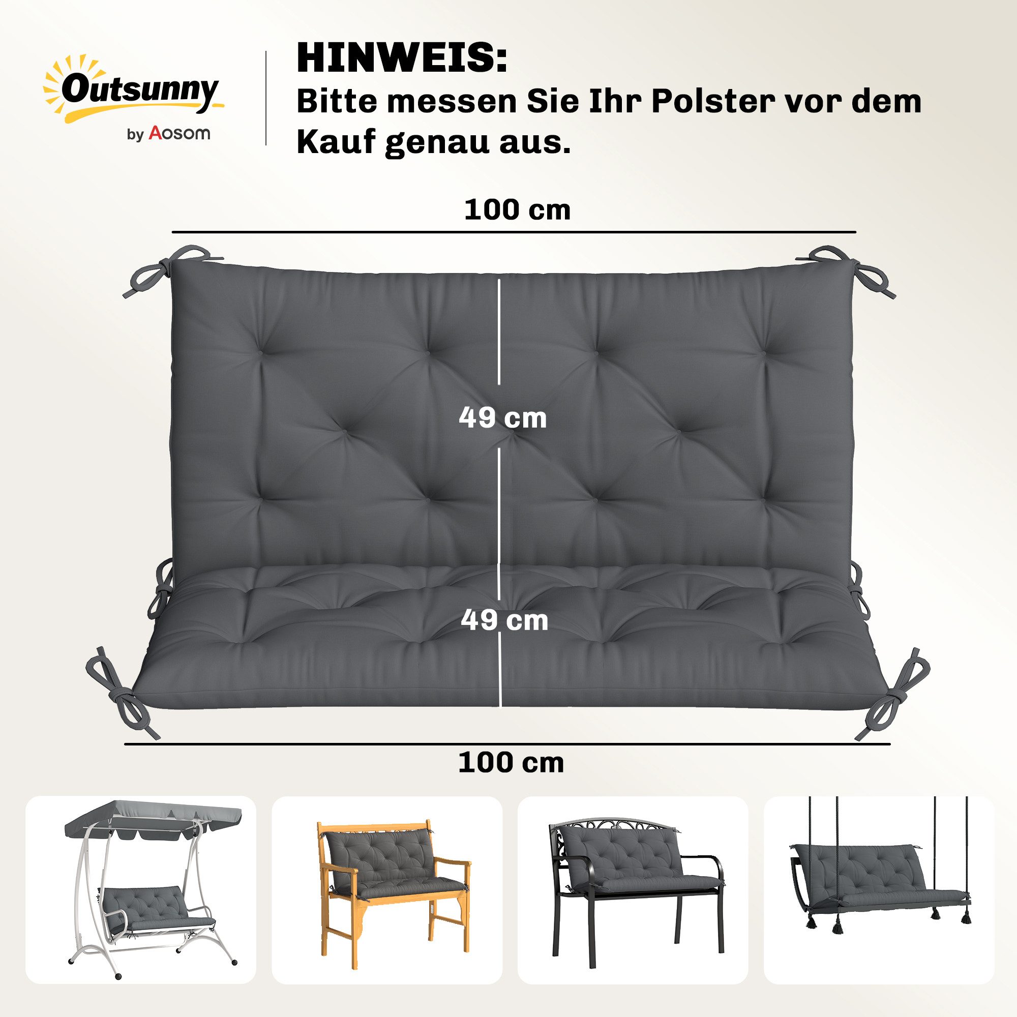 Outsunny Sitzkissen 2 Sitzer, 100x98x8 cm, Bankkissen mit Bändern, Sitzkissen, Baumwolle Dunkelgrau 98cm x 100cm x 8cm