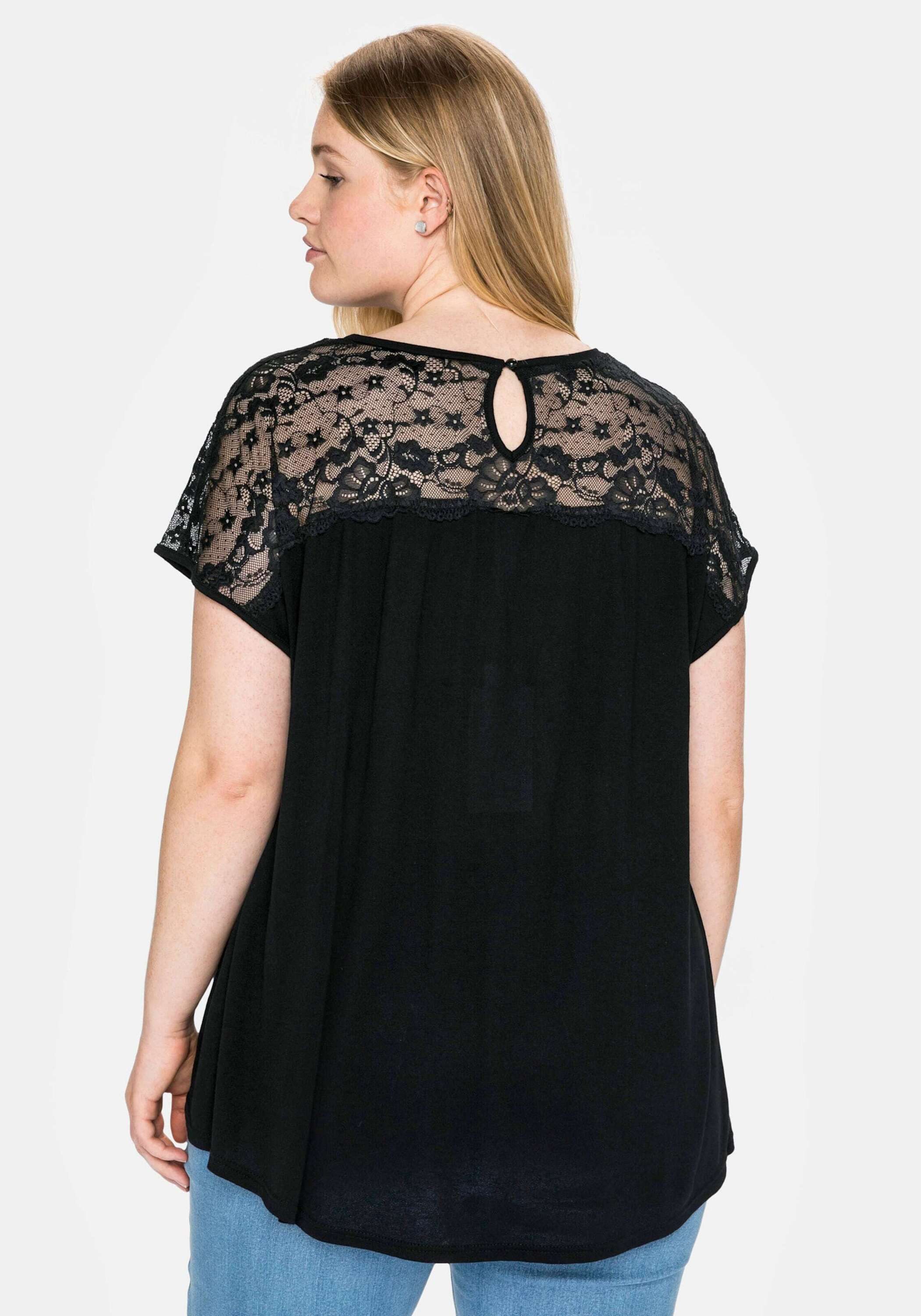 Sheego T-Shirt Spitzenshirt Kurzarm mit Spitzenpasse an der Schulterpartie günstig online kaufen