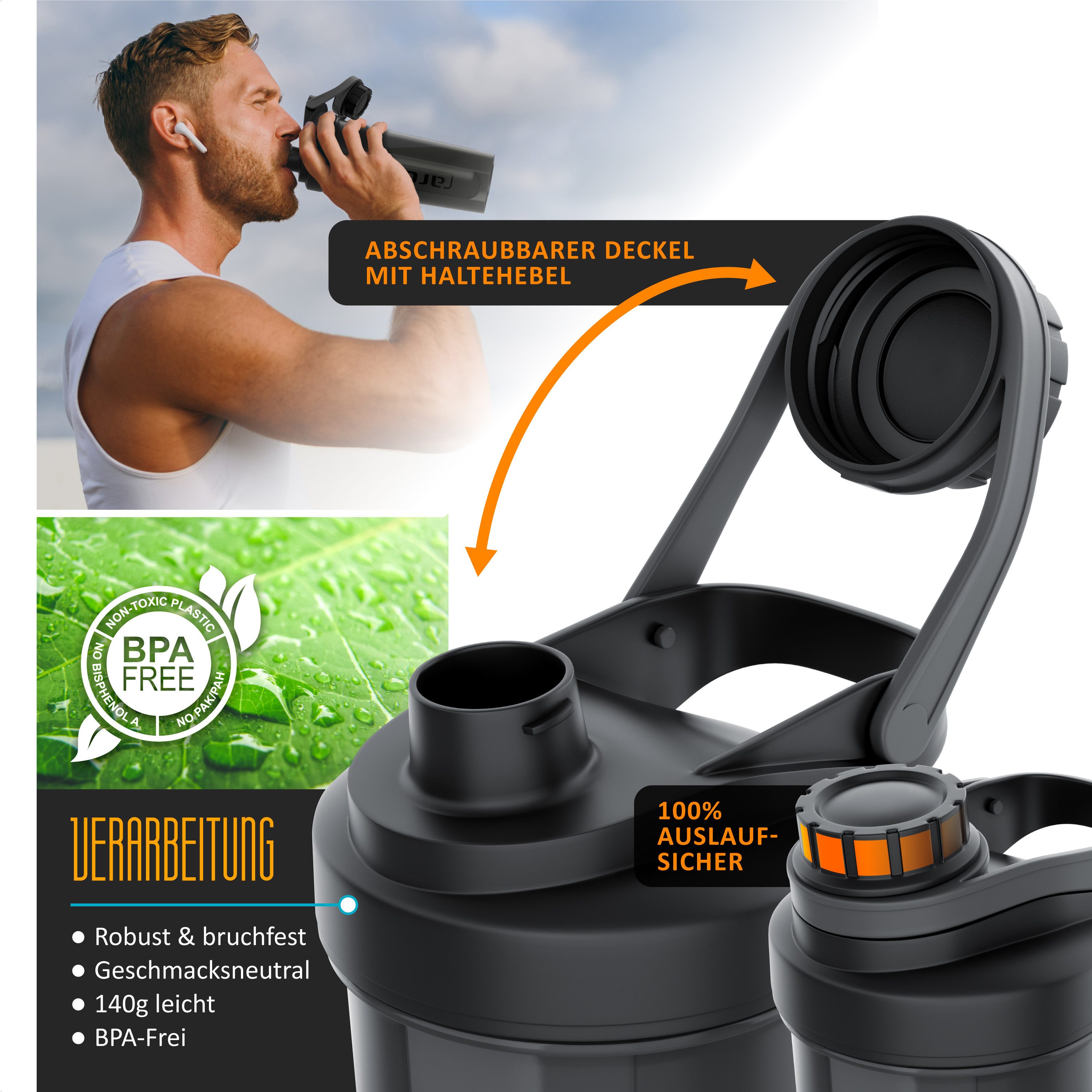 Arendo Protein Shaker Eiweißshaker 700 ml, verschließbar, spülmaschinengeeignet, Kunststoff, (1-tlg., Protein Shaker inkl. Mixball), Eiweiß Mixbecher, BPA-frei, für unterwegs, Yoga, Fitness, Sport