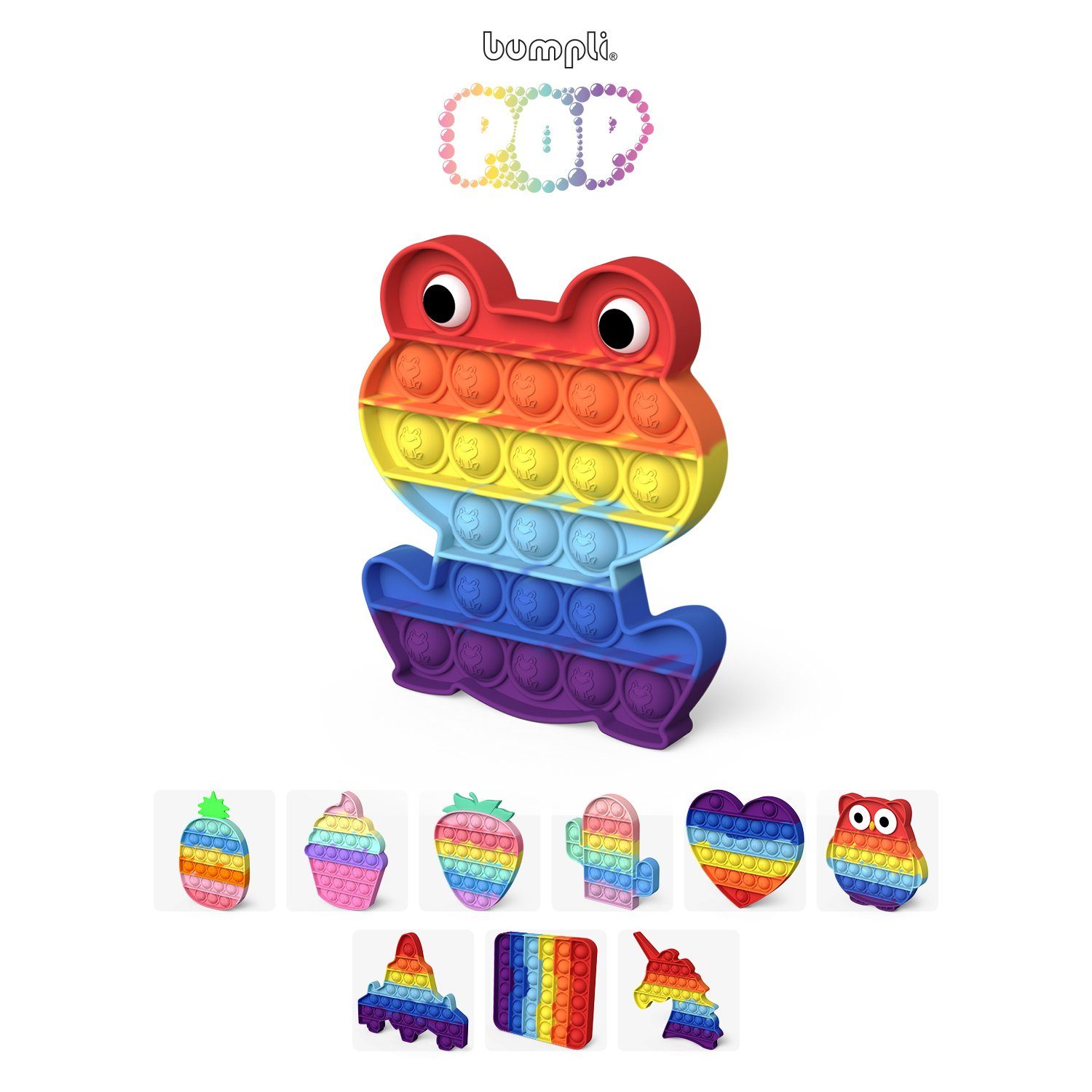 bumpli® Lernspielzeug POP IT Fidget Anti Stress Spielzeug, Montessori Sensorisches Spielzeug, BPA - frei, Robust & einfach zu reinigen Frosch Regenbogen
