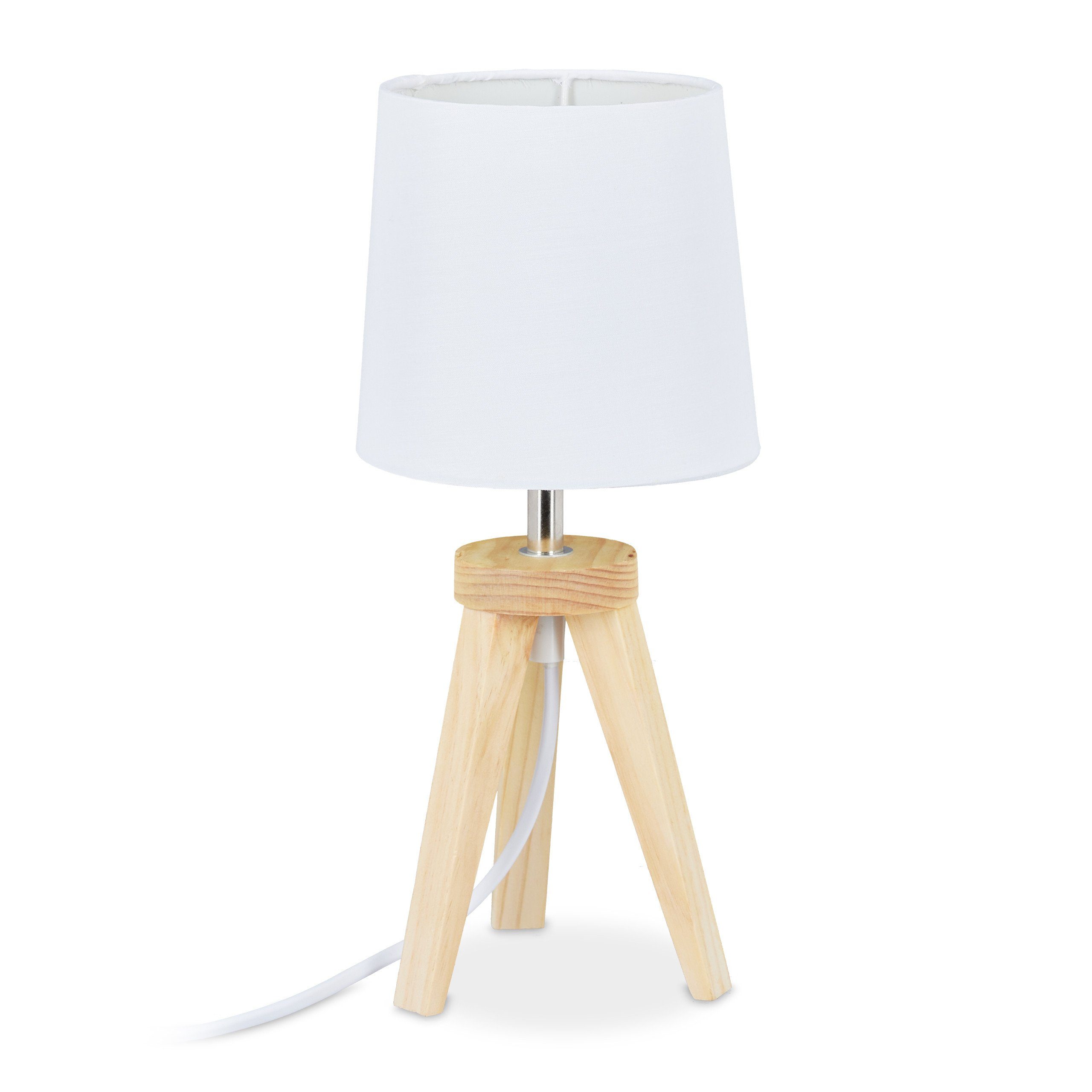relaxdays Nachttischlampe Tischlampe Dreibein Holz/Weiß, ohne Leuchtmittel
