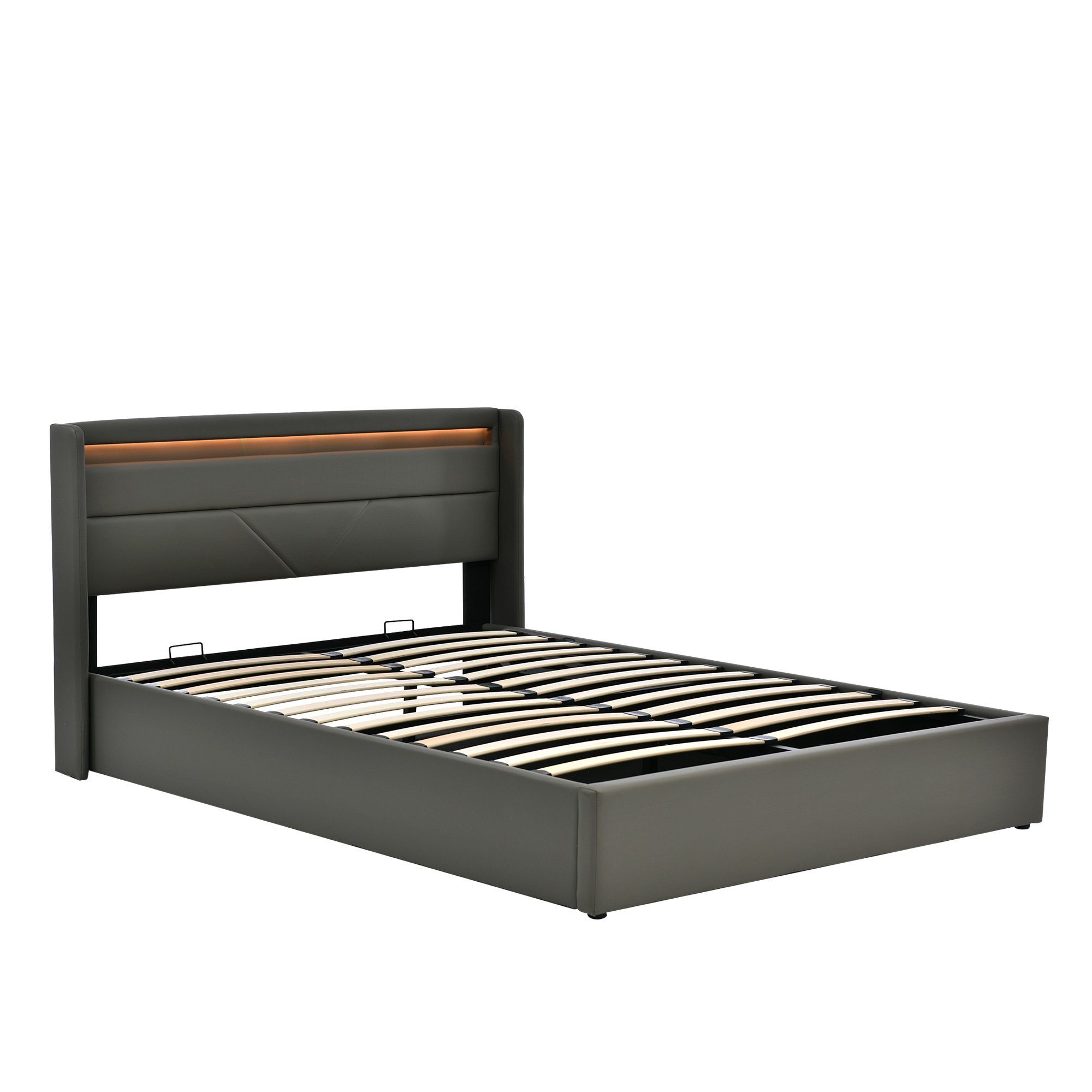 Boxspringbett (Funktionsbett, Polsterbett mit Bettkasten und Lattenrost, inkl. LED-Beleuchtung), Hydraulisches Stauraumbett Doppelbett 160x200cm, Bezug aus Kunstleder