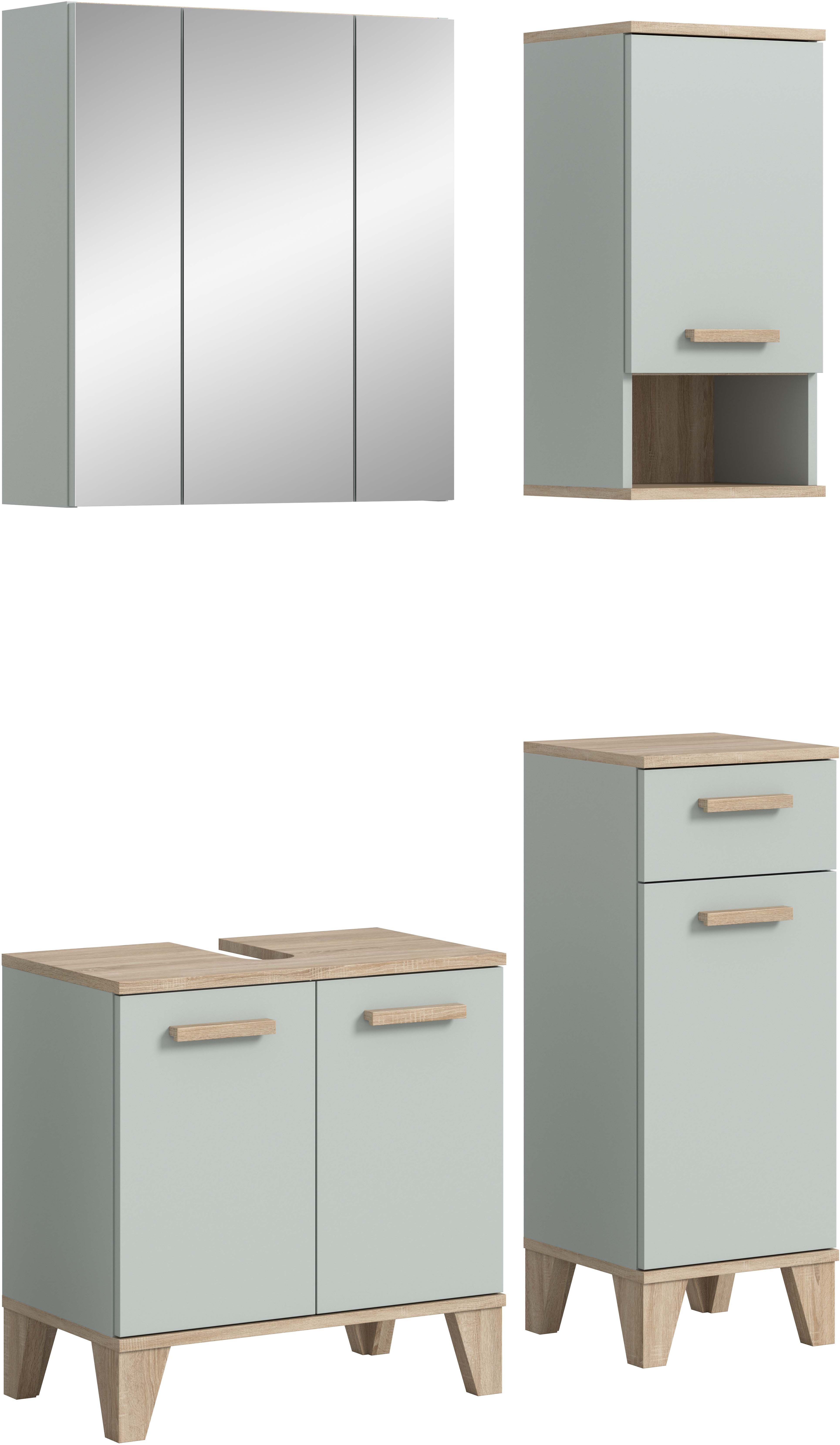 welltime Badmöbel-Set MINTTU, 4-teilige moderne Badkombination im SCANDI-Look, (4-St., bestehend aus: Midischrank, WBU, Spiegelschrank, Hängeschrank), Bad-Kombination, Bad-Möbel, Badezimmer, Kombination, Kombi, Bad-Set
