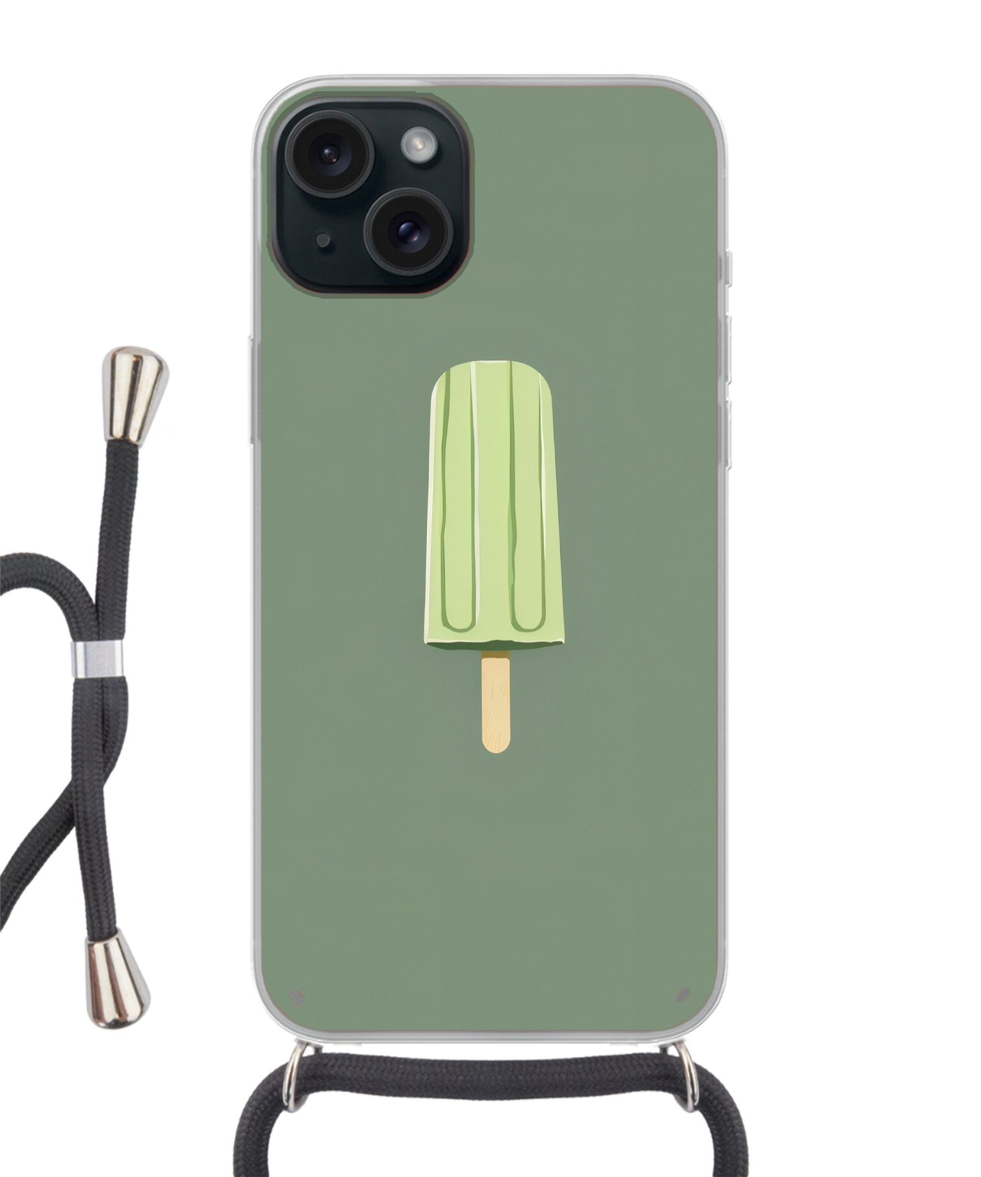 MuchoWow Handyhülle für Apple iPhone 15 Plus Grün - Wassereis - Stock - Illustration, Tragbare Handyhüllen mit Kette zum umhängen, Handykette Handyband