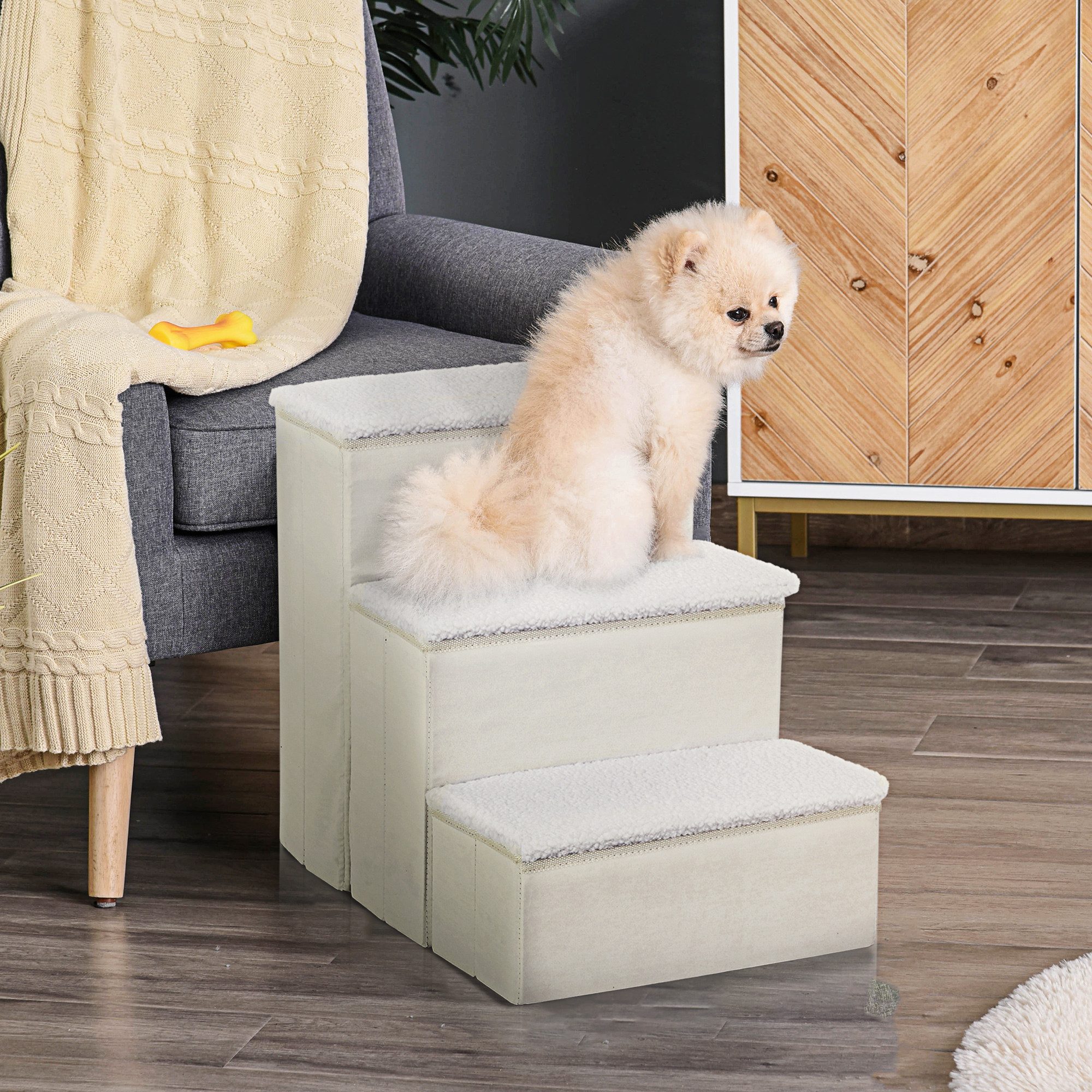 furnicato Katzen-Kletterwand Dreistufige Haustiertreppe 40x54x48 cm in Weiß für kleine, Klappbare Hundetreppe mit Stauraum für Sofa und Auto aus Wildleder
