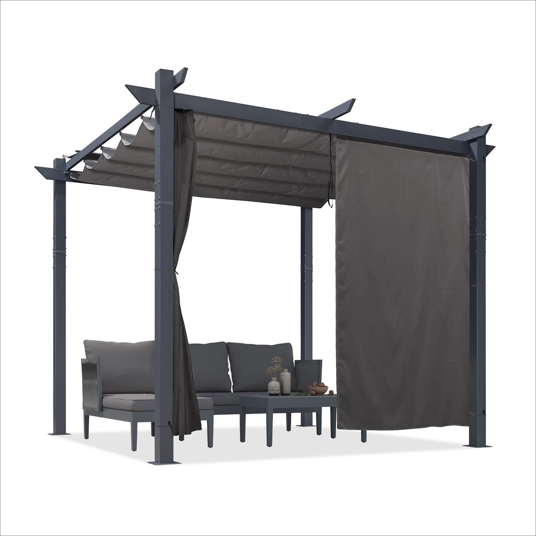 PURPLE LEAF Pergola Pavillon mit Schiebedach aus Aluminium und Seitenvorhang, BxTxH: 300x300x245 cm, (Komplettes Set, 1 Pergola + 1 Seitenvorhang), Freistehende Pergola mit manuellem Schiebedach und Seitenvorhang