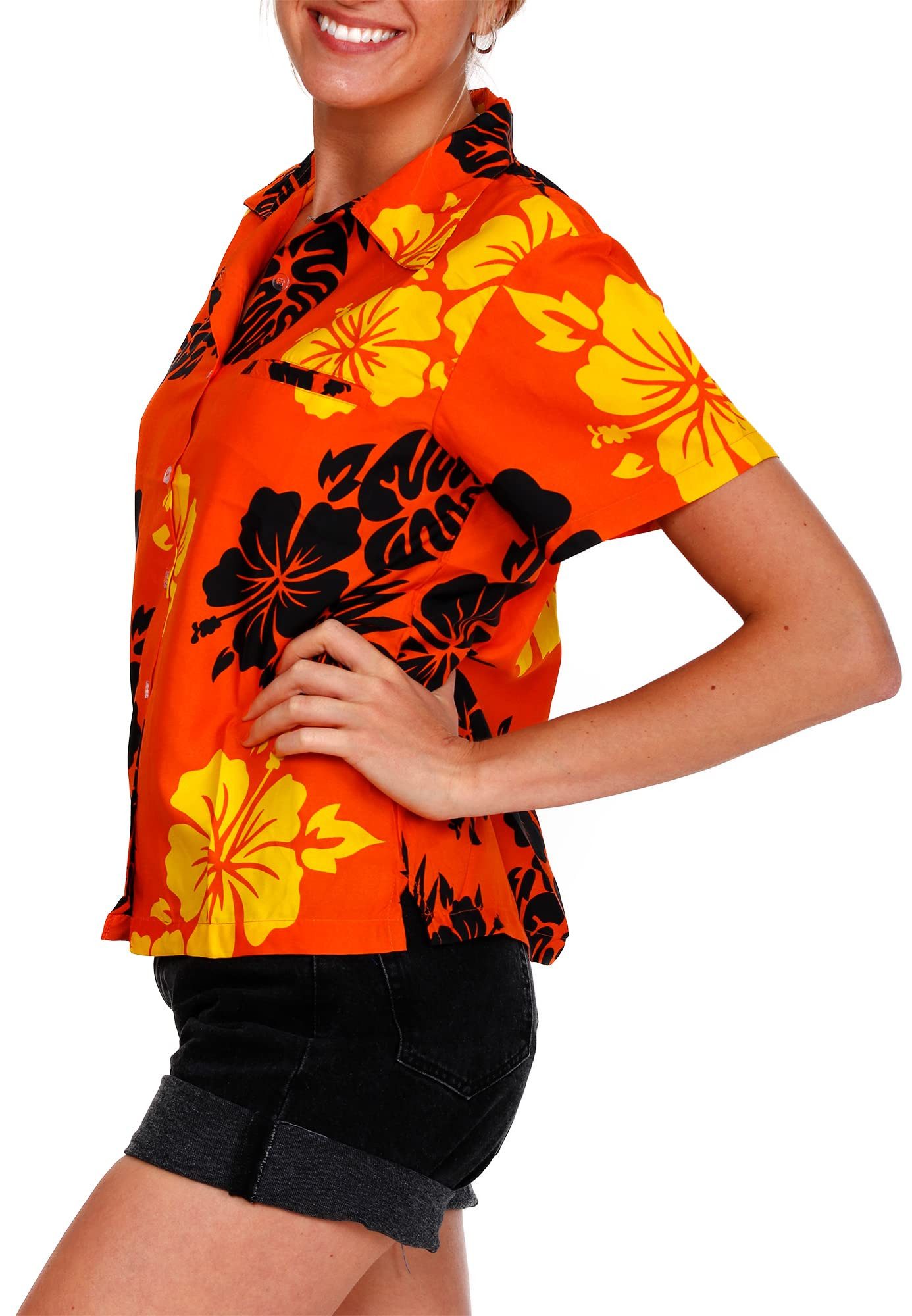 King Kameha Hawaiihemd Mono Hibiscus Funky Hawaiibluse Damen Kurzarm Front-Tasche Stylish