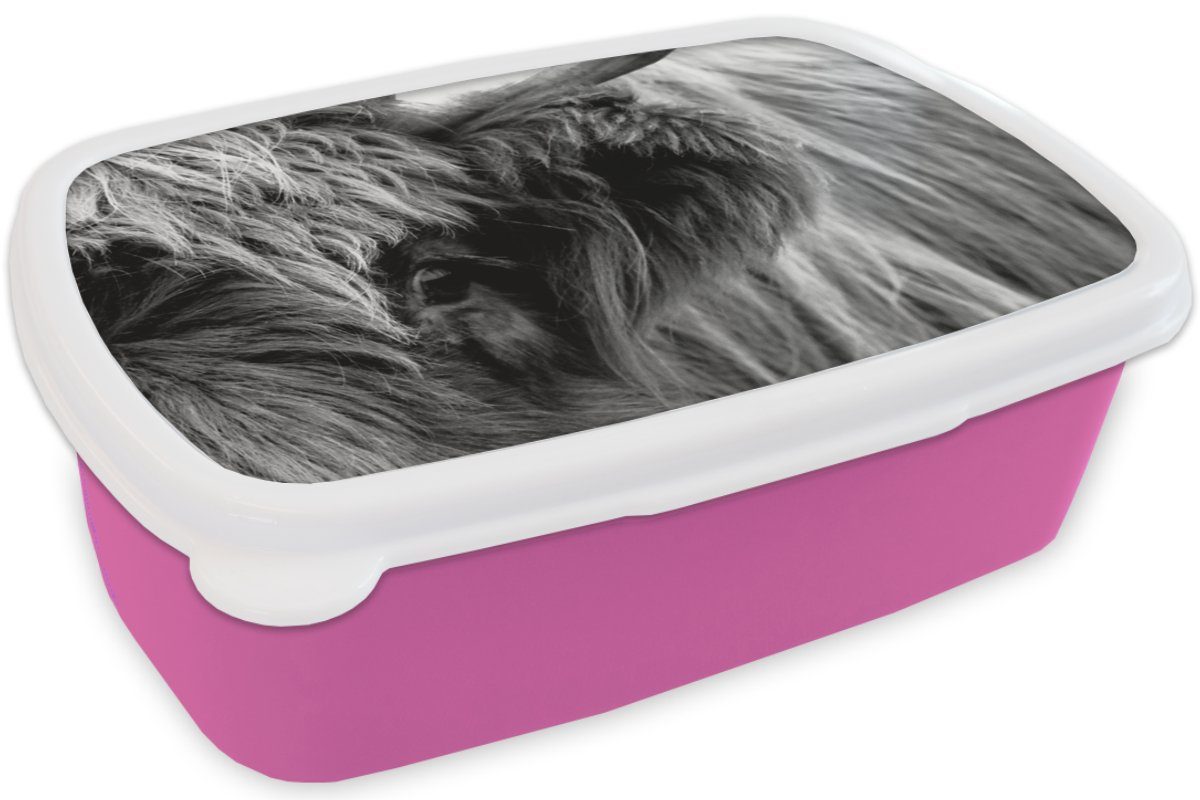 Brotbox Schwarz Lunchbox (2-tlg), Erwachsene, Auge Highlander MuchoWow - Weiß, Kinder, Snackbox, Brotdose - Kunststoff Scottish Mädchen, rosa für - Kunststoff,