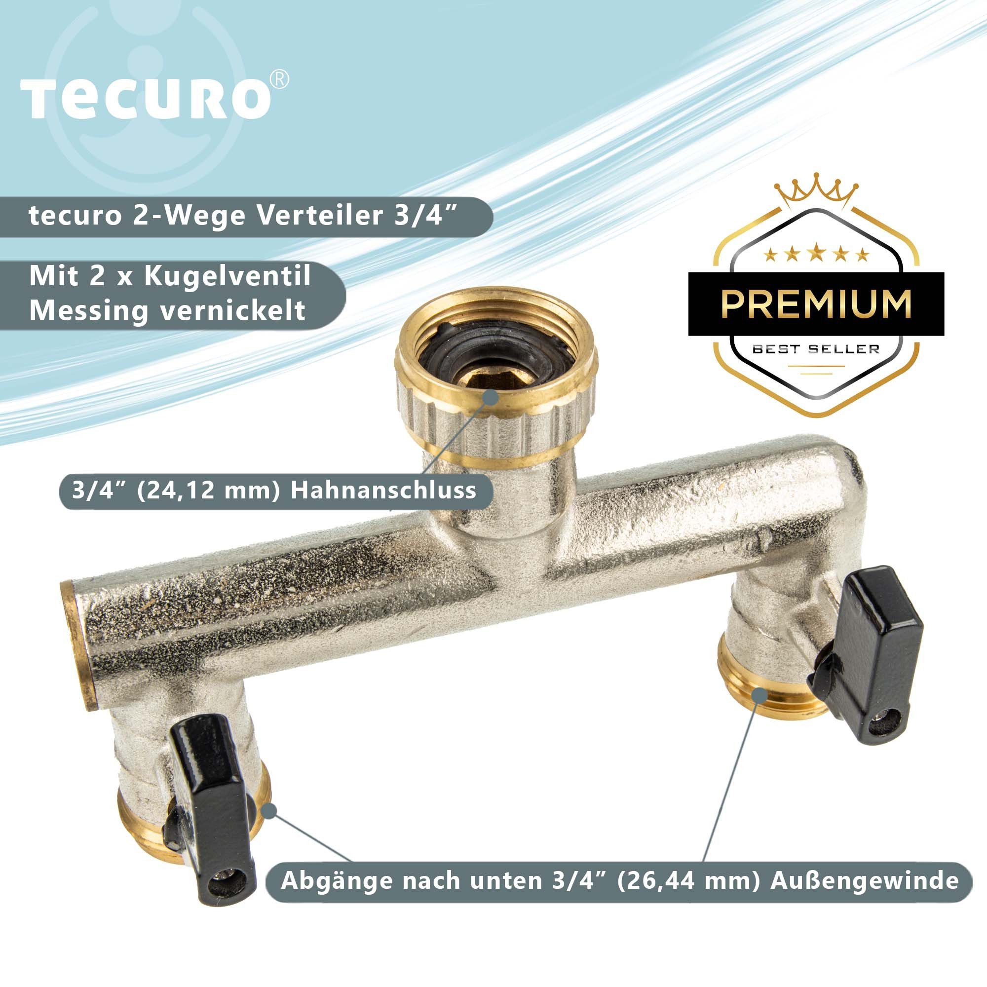 Thumbnail - tecuro Bewässerungssystem 2-Wege Verteiler 3/4 Zoll mit 2 x Kugelventil, für Zapfstelle