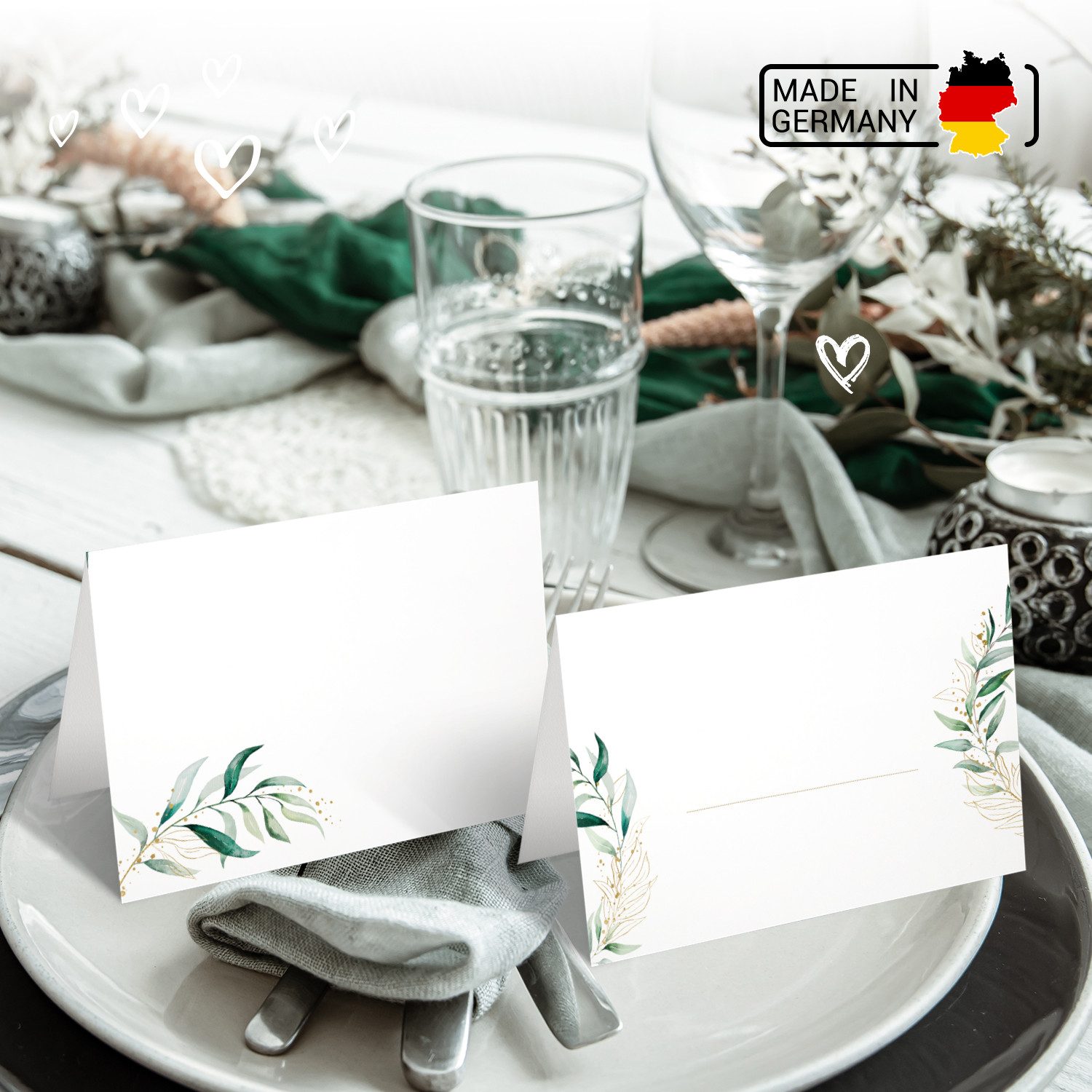 Funke & Brand Grußkarten 50x Namensschilder Hochzeit Floral Glitter Tischkarten