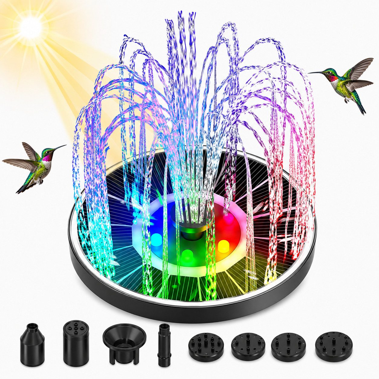 MOPUEA Gartenbrunnen Solar Springbrunnen 3,5W Mit LED Licht Für Vogeltränke Und Garten, (1 tlg), Schwimmender Solar Springbrunnen Mit 8 Düsen Für Vogeltränke, Garten