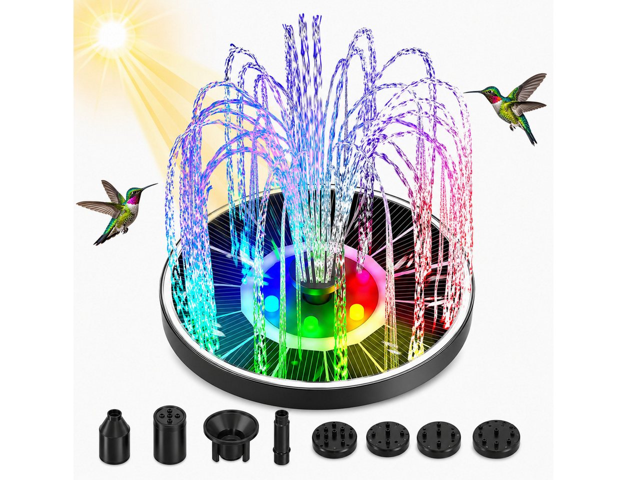 MOPUEA Gartenbrunnen Solar Springbrunnen 3,5W Mit LED Licht Für Vogeltränke Und Garten, (1 tlg), Schwimmender Solar Springbrunnen Mit 8 Düsen Für Vogeltränke, Garten