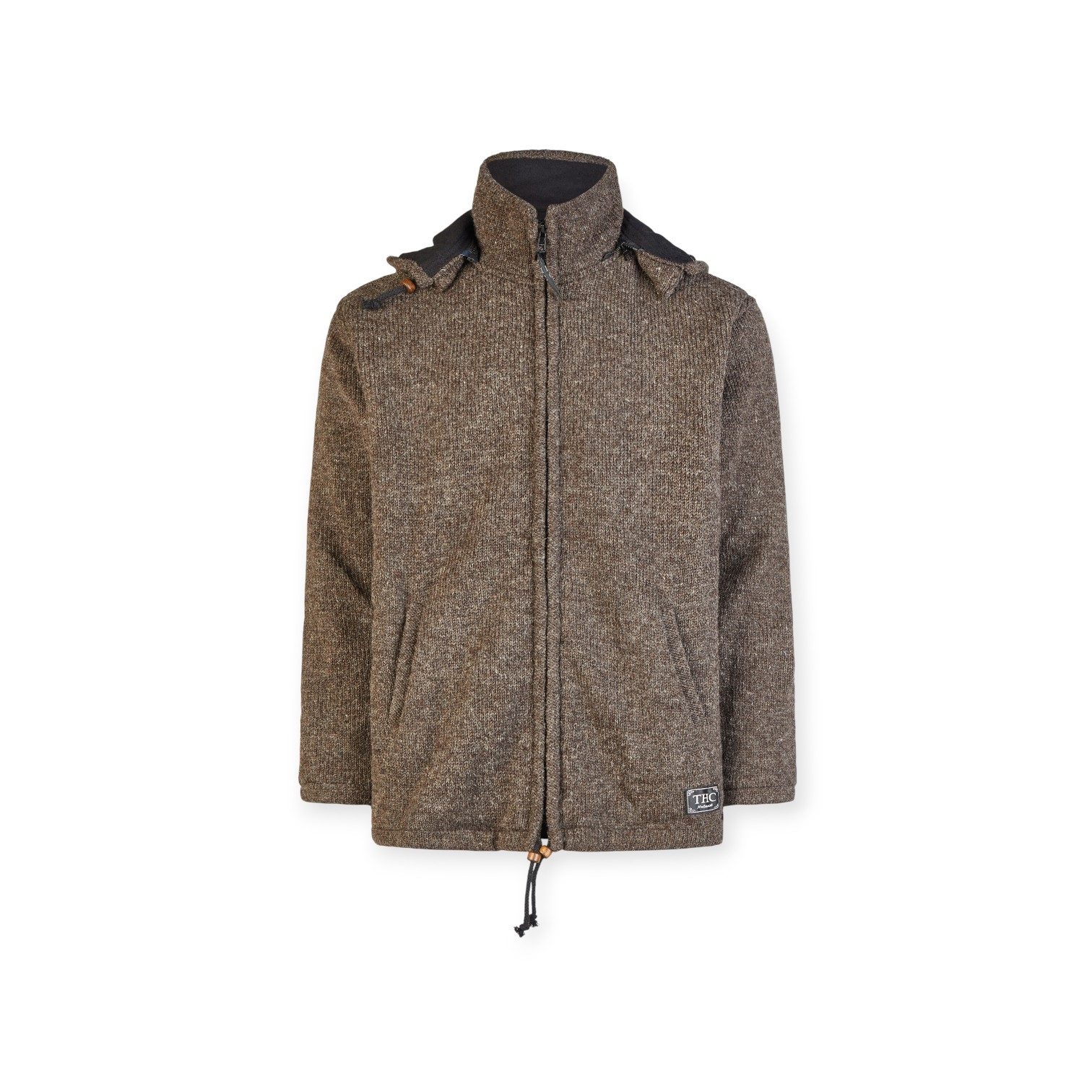 THC Natural Line Kapuzenstrickjacke THC Schafwollstrickjacke Baumwollfutter 856 braun (1 Stück, 1-tlg., 1 Stück) mit Baumwollfutter