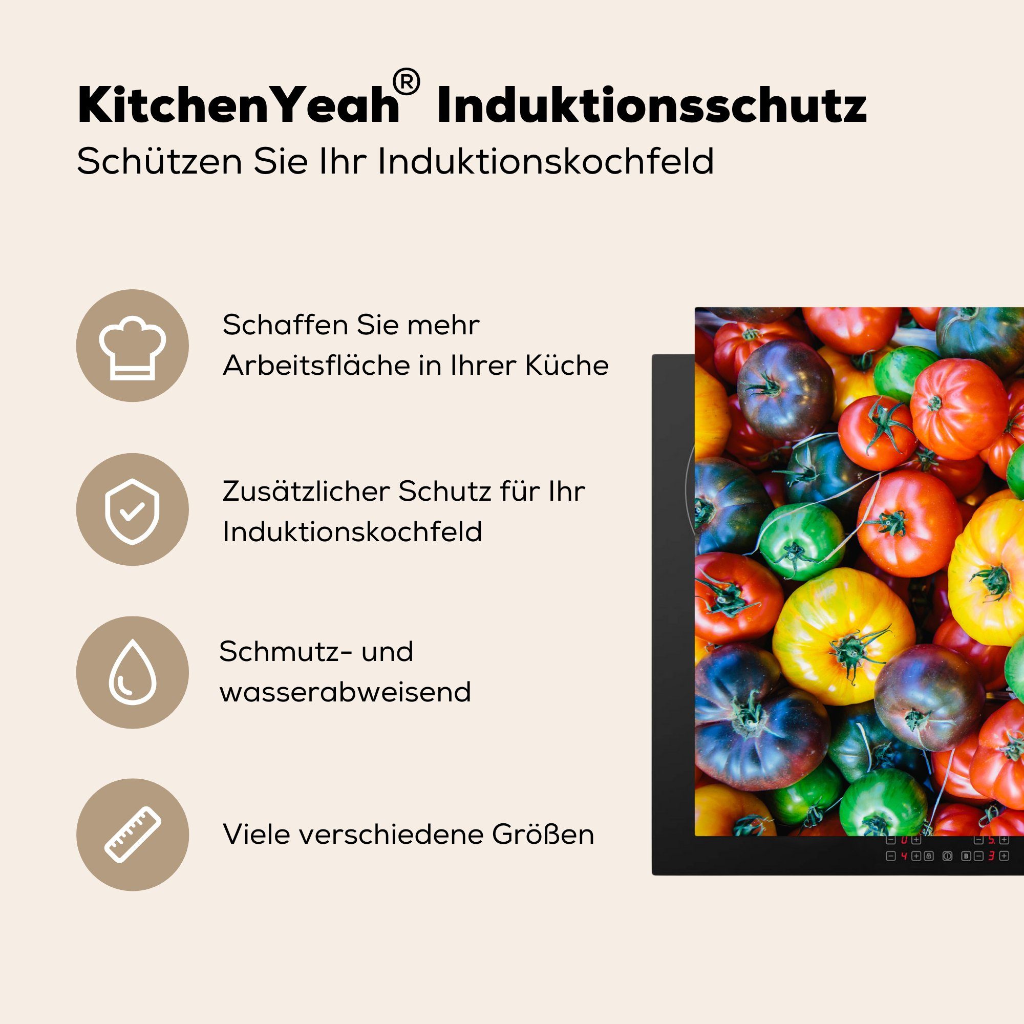 - küche, MuchoWow tlg), (1 die Tomaten Gemüse - Induktionskochfeld Vinyl, Markt, Ceranfeldabdeckung cm, für Schutz Herdblende-/Abdeckplatte 81x52