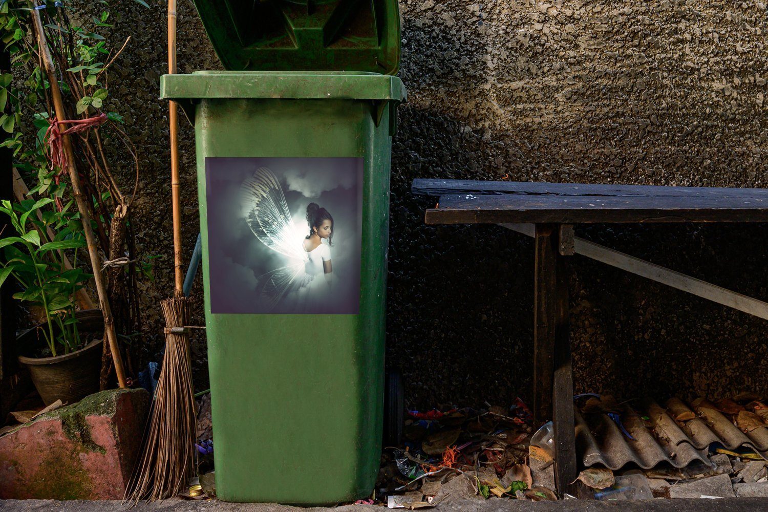 MuchoWow Wandsticker Fee Container, Wolken Mülleimer-aufkleber, Mülltonne, (1 den Mädchen verkleidet in als St), Abfalbehälter Sticker