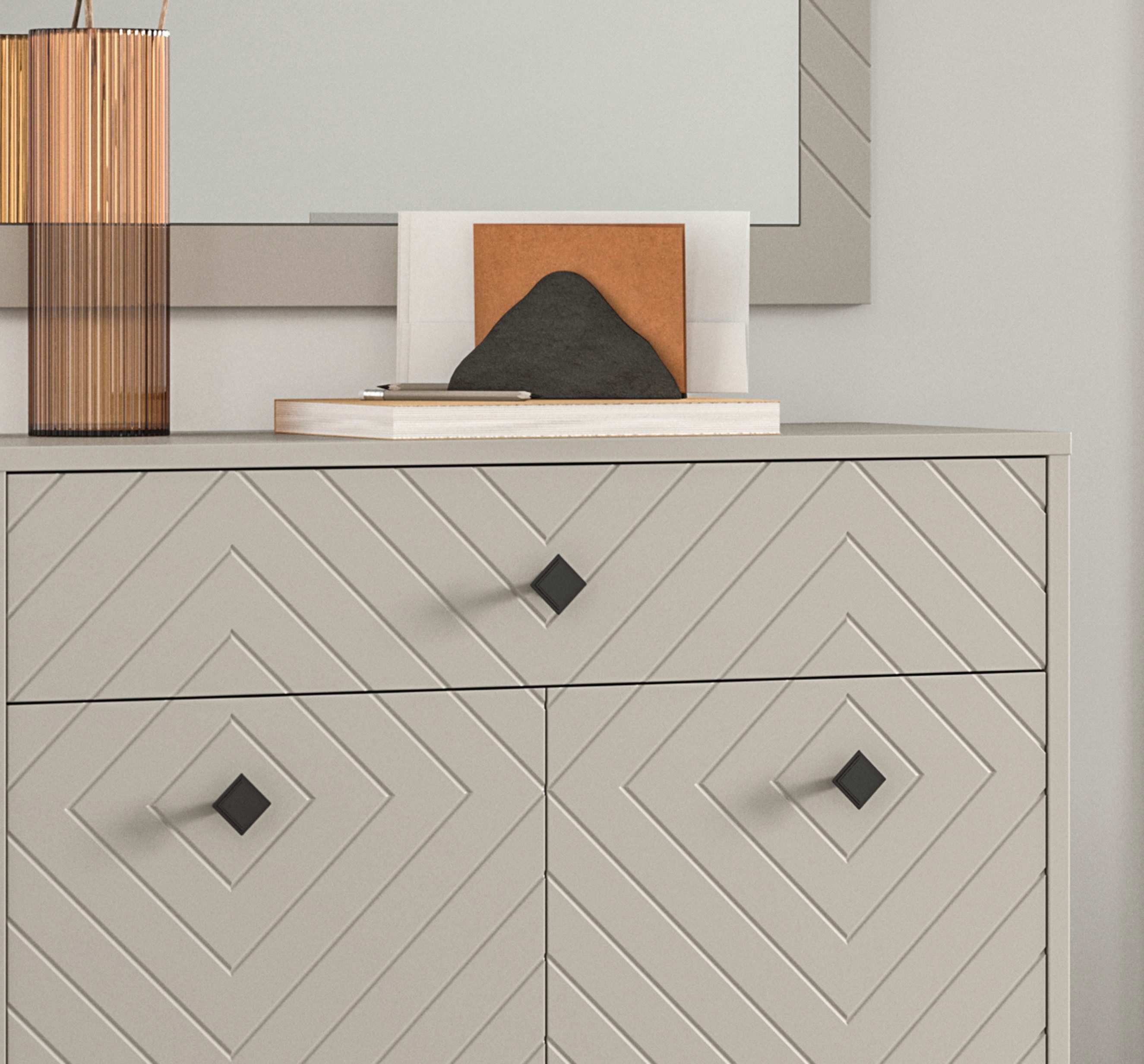 INOSIGN Garderoben-Set Mento, 3-teilig, Ornamentfräsung in der Front, bestehend aus:, (Set, 3-St), Sitzbank, Garderobenpaneel & Garderobenschrank, Metall Griffe & Füße