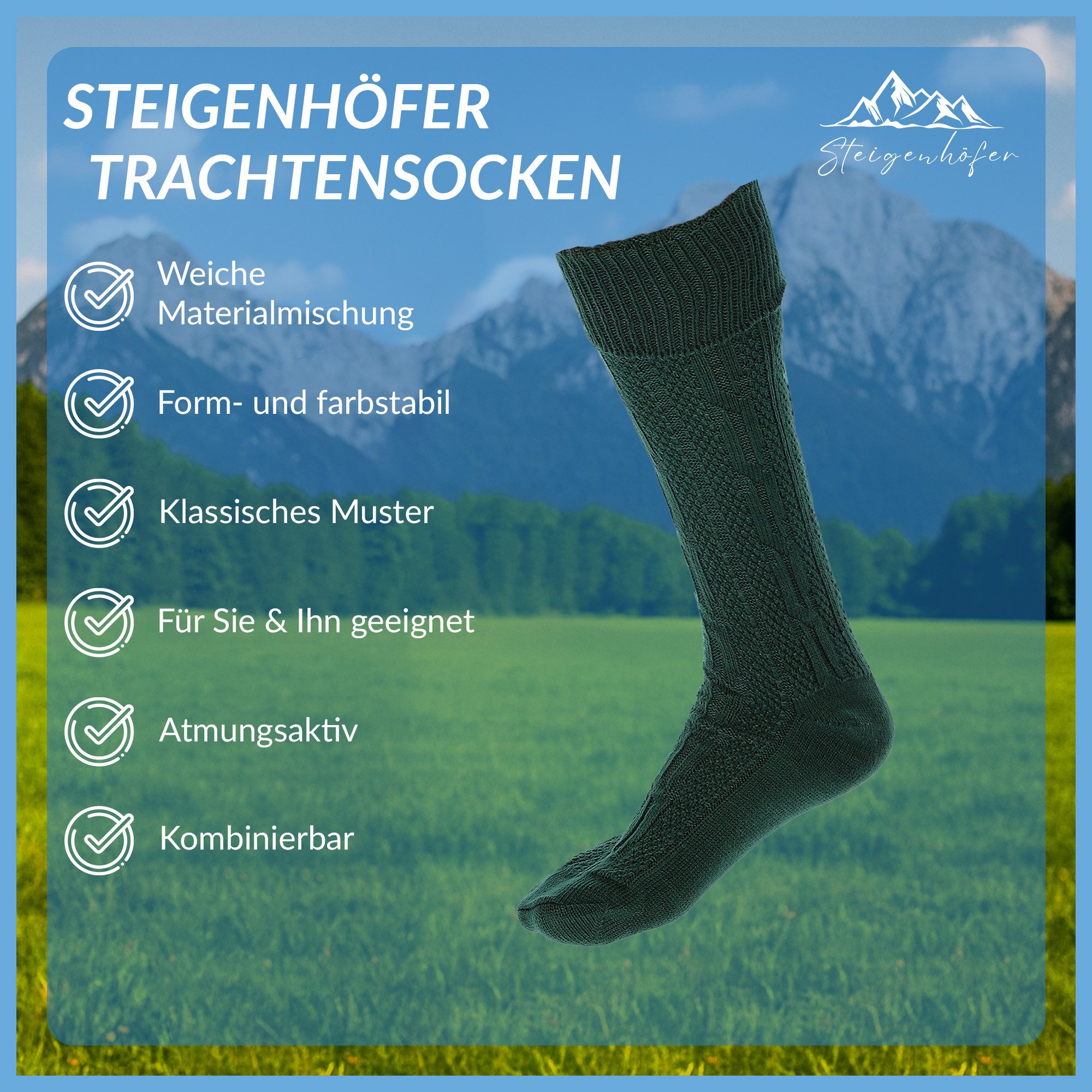 Steigenhöfer Manufaktur Trachtensocken für Herren und Damen – Socken mit Zopfmuster und Edelweißanstecker Oktoberfest Strümpfe aus Baumwolle für Männer & Frauen