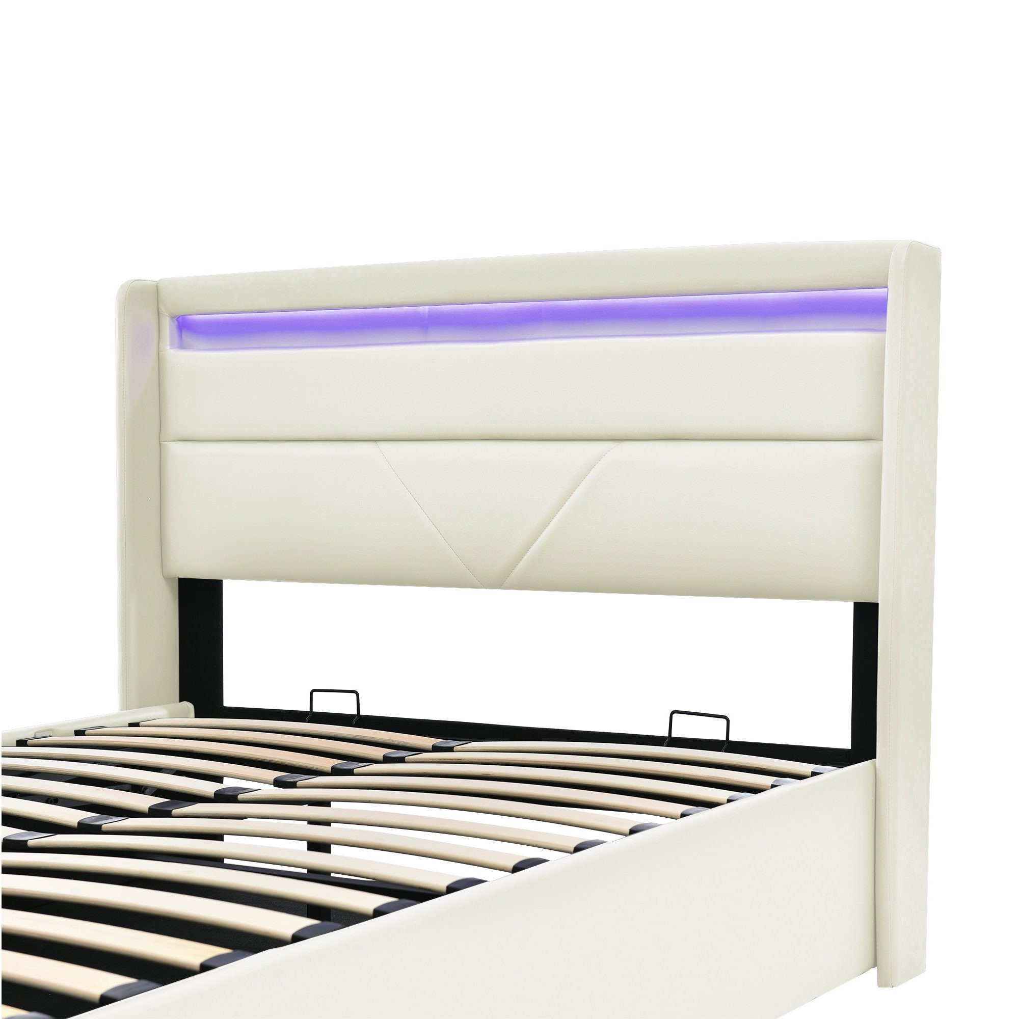 Weiß Hydraulisch Matratze), Bett LED-Beleuchtungsleist, Funktionsbet Doppelbett WISHDOR Polsterbett (140x200cm Stauraumbett Mit mit