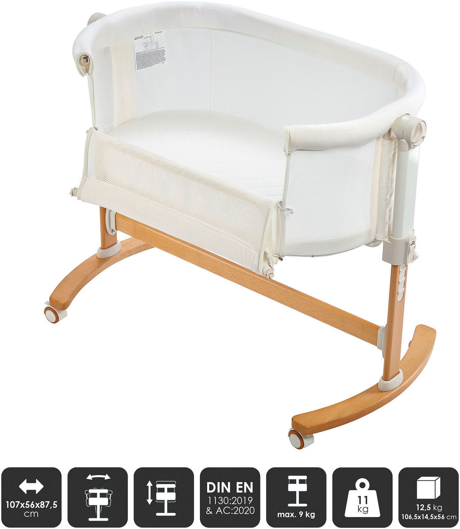 BabyGo Amila bedside crib, beige white, with rocking function