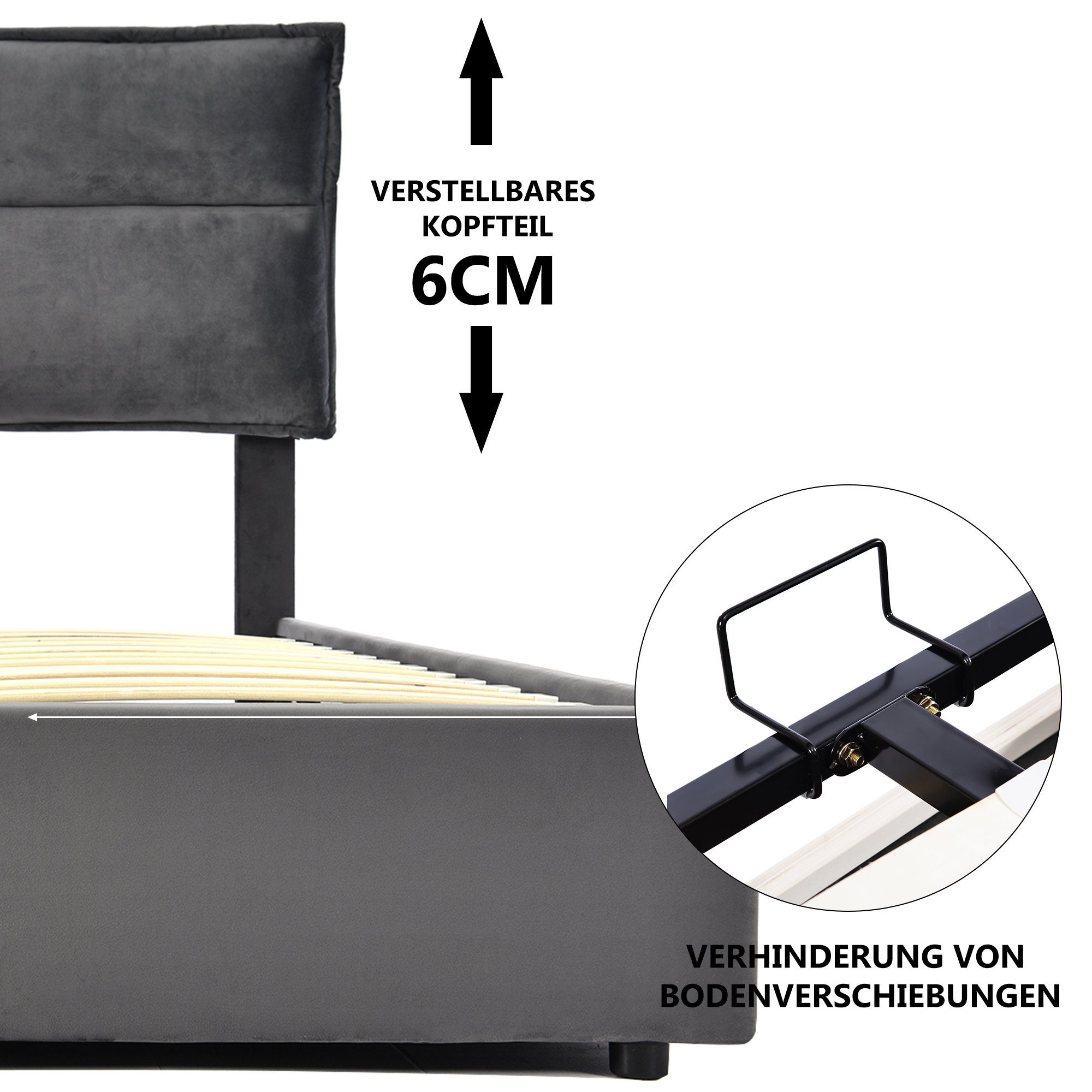 Boxspringbett (Polsterbett Doppelbett mit Lattenrost, Bettkasten und verstellbarem Kopfteil), Hydraulisches Bett Funktionsbett 140x200 cm Samt