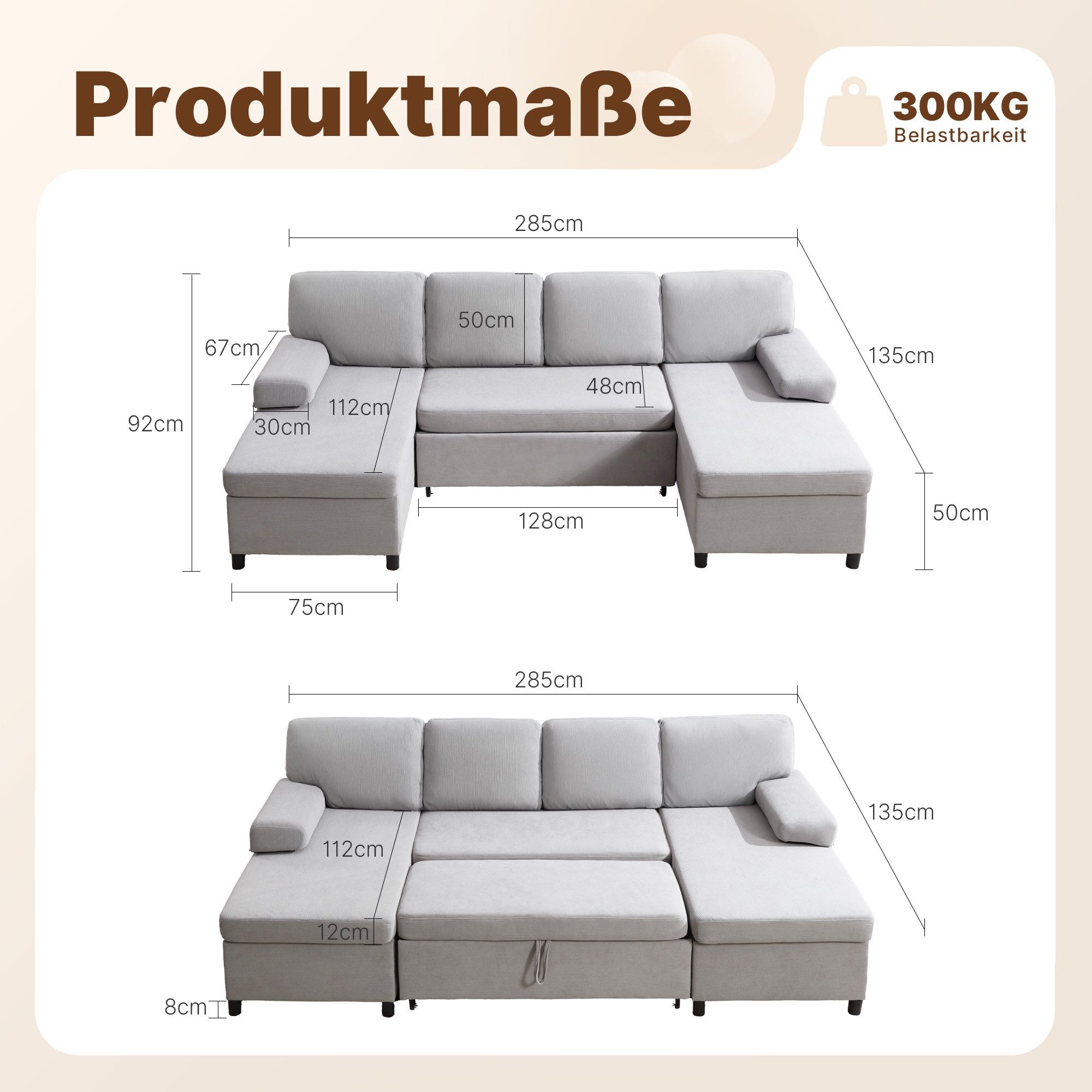 HOMYEDAMIC Ecksofa U-Form Schlafsofa 285x135 cm mit Matratze und Schlaffunk günstig online kaufen