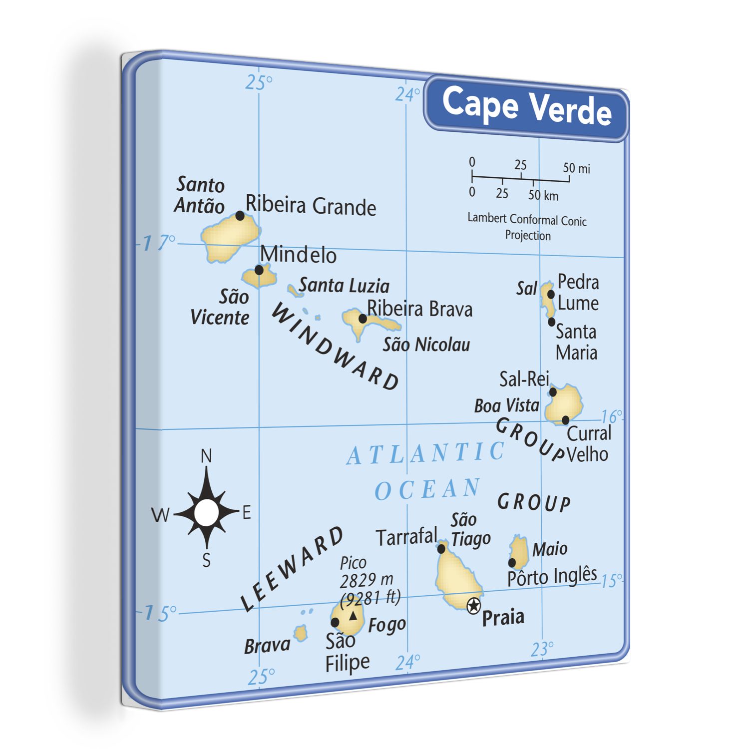 OneMillionCanvasses® Leinwandbild Kap Verde Illustration mit einem Kompass, (1 St), Leinwand Bilder für Wohnzimmer Schlafzimmer