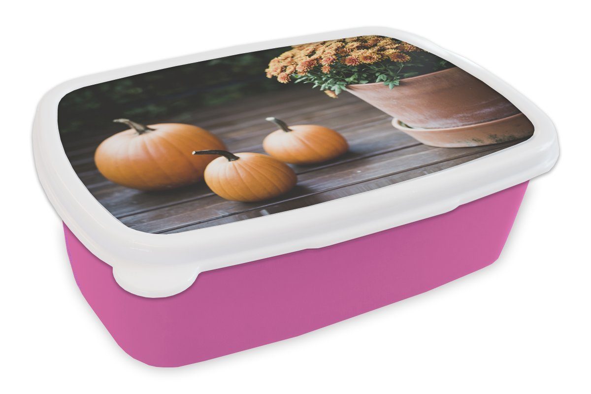 Veranda, Kinder, Brotbox Lunchbox Erwachsene, MuchoWow Kürbis - für Kunststoff Kunststoff, - Snackbox, Brotdose Blumentopf (2-tlg), rosa Mädchen,