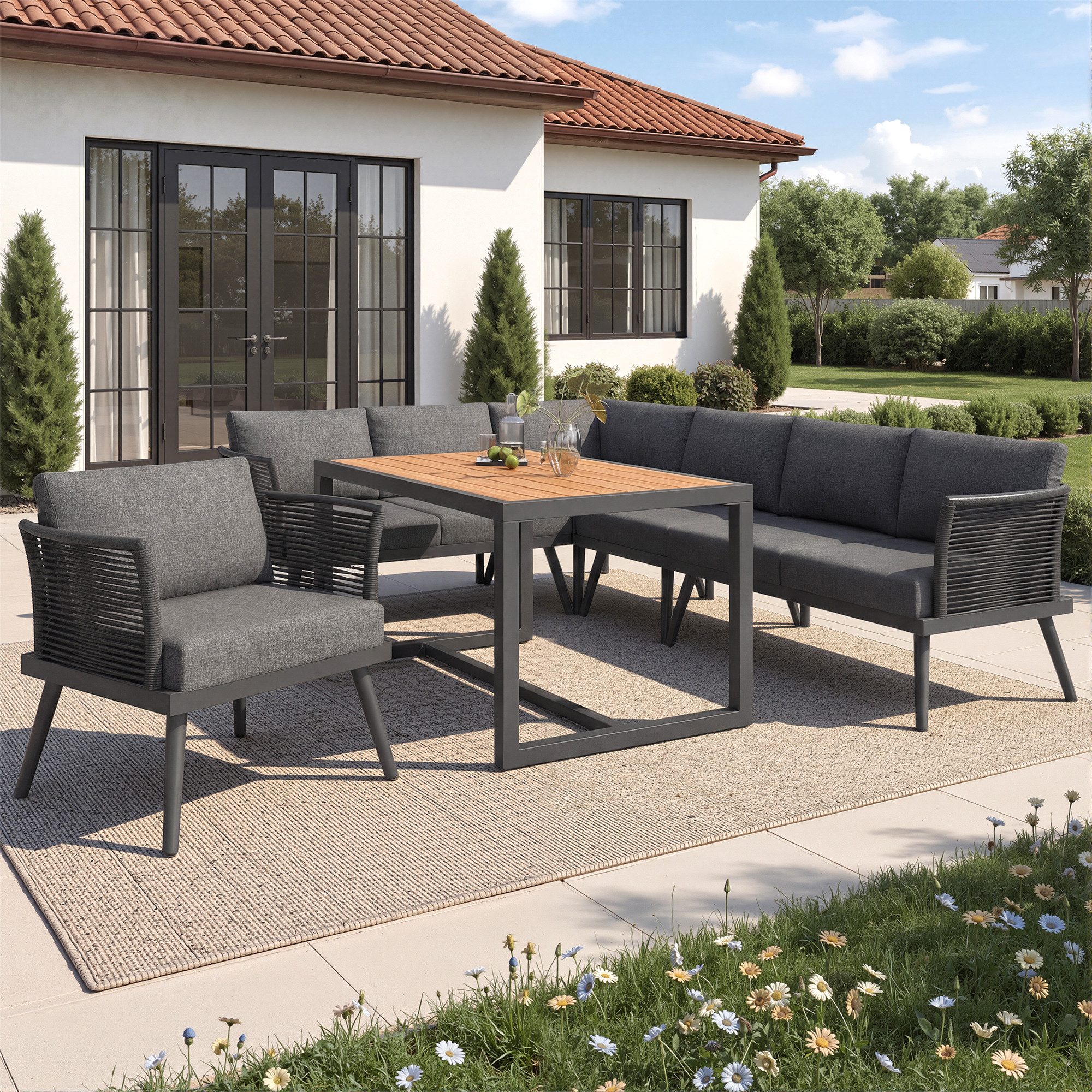 Merax Gartenlounge-Set in L-Form, Sitzgruppe mit geflochtenen Armlehnen & Eisenrahmen, (6-tlg), 7-Sitzer Gartenmöbel Ecklounge mit Holz-Couchtisch, 3 Sofa, 2 Sesseln