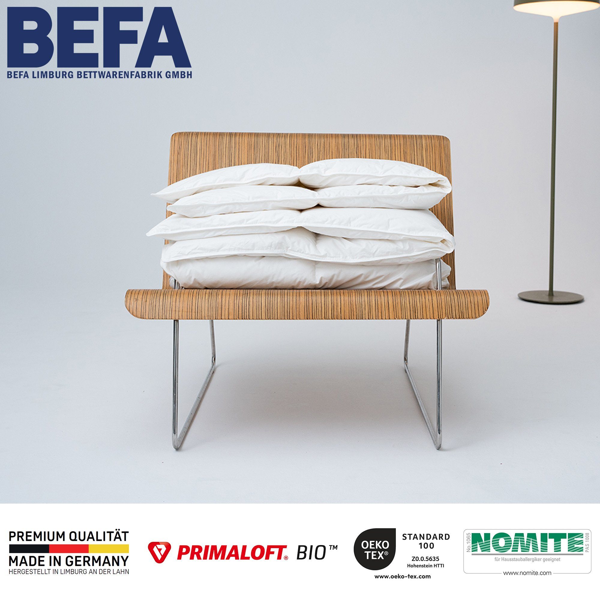 BEFA NATUR Microfaserbettdecke Made in Germany - kuschelweiche Primaloft - Bio Mikrofaser Bettdecke, Füllung: 100% PrimaLoft® Bio™ Microfaser (aus recycelten PET-Flaschen, bilogisch abbaubar), für jede Jahreszeit - Allergiker geeignet - 135x200 155x220 200x200