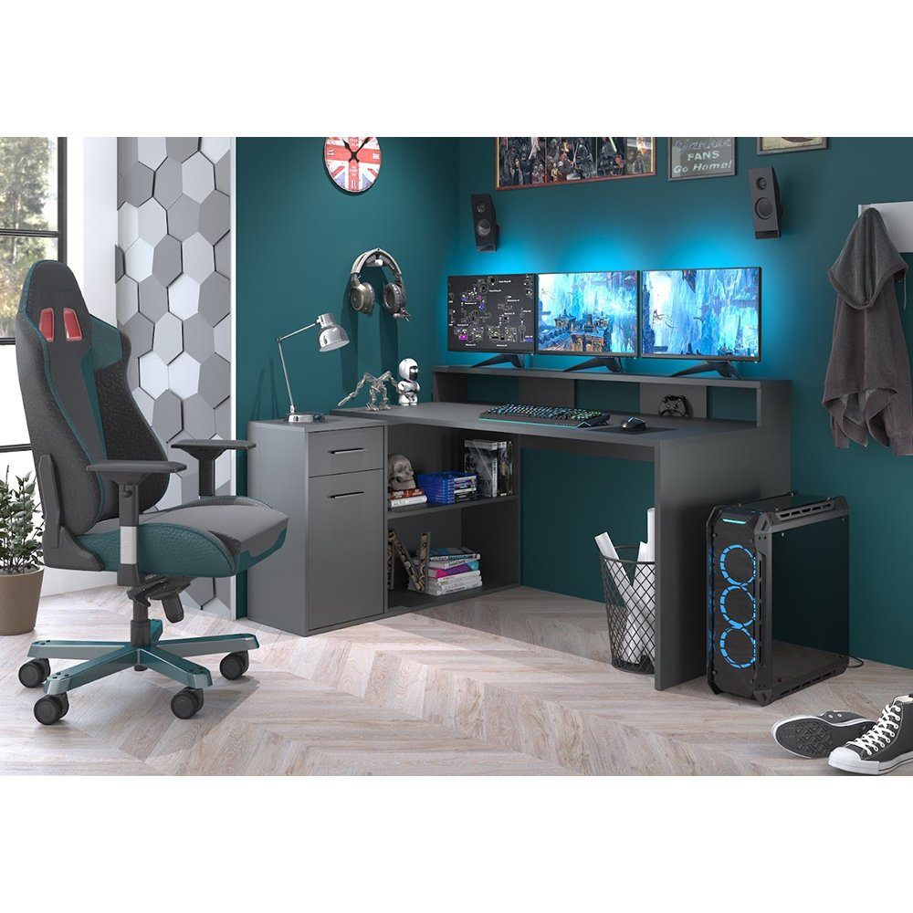 trendteam Schreibtisch Gamer, Büroschreibtisch Eckschreibtisch Möbel Anthrazit 92x160-200x75-115cm
