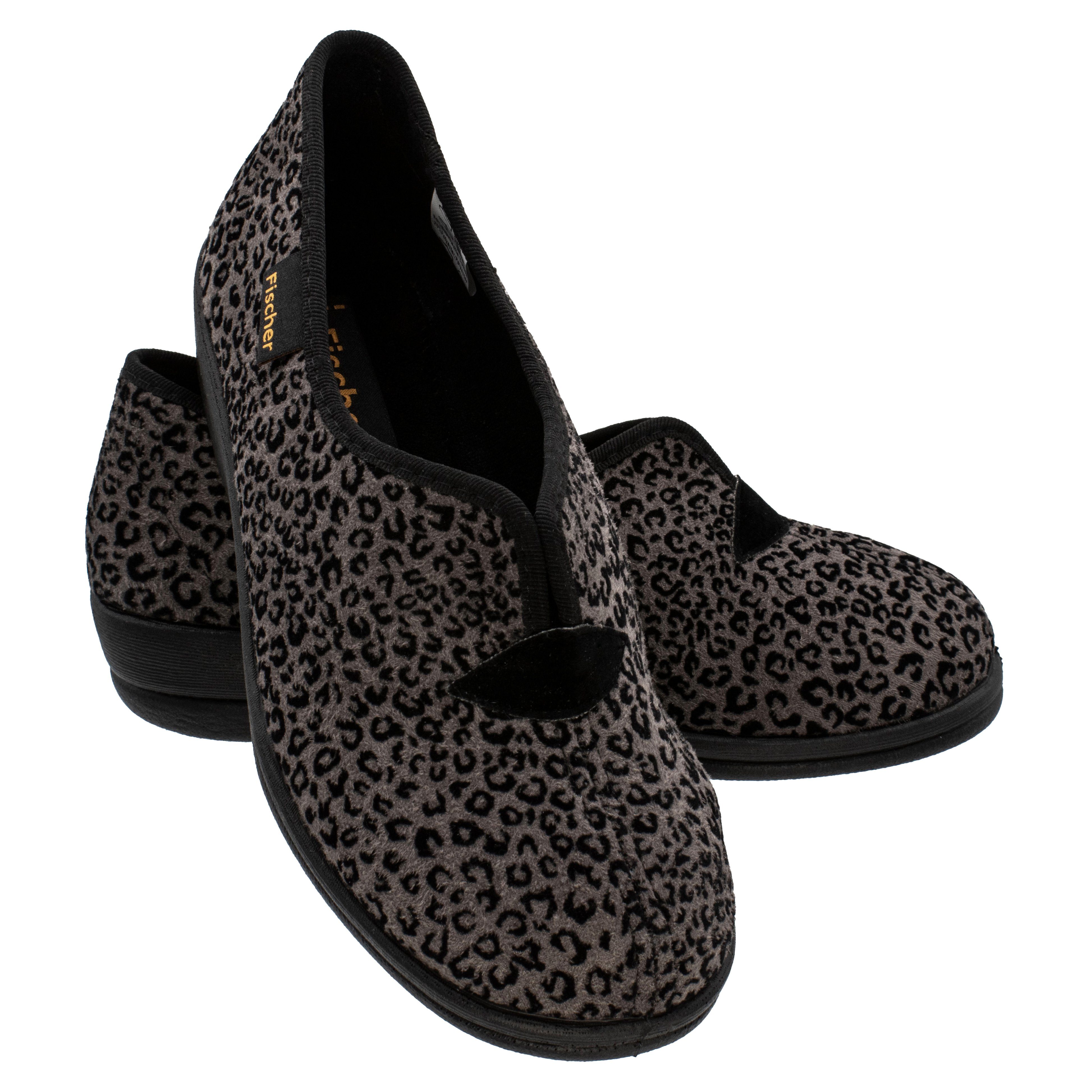 Fischer-Markenschuh Dora Hausschuh Leoprint, Weite H, Frotteefutter, Zum Schlupfen