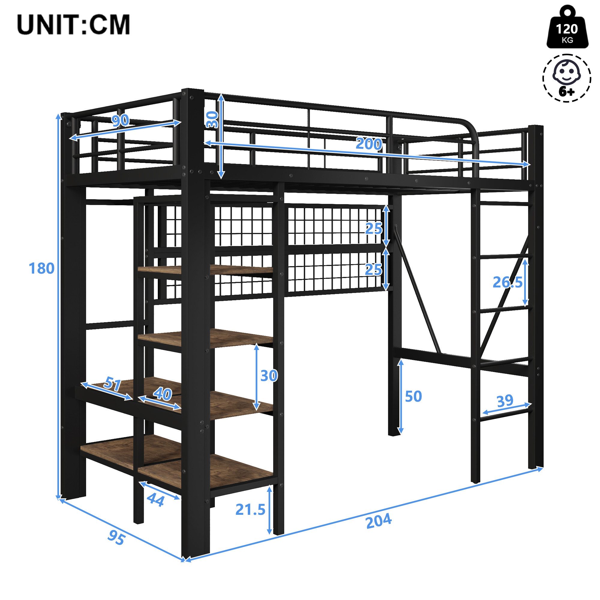 BlingBin Hochbett Jugendbett Kinderbett Funktionsbett mit LED-Beleuchtung (Einzelbett, 1-St., mit Ablagefach, Gegenständen, Kleiderstange und offener Raum) 90 x 200 cm, Ohne Matratze, Schwarz