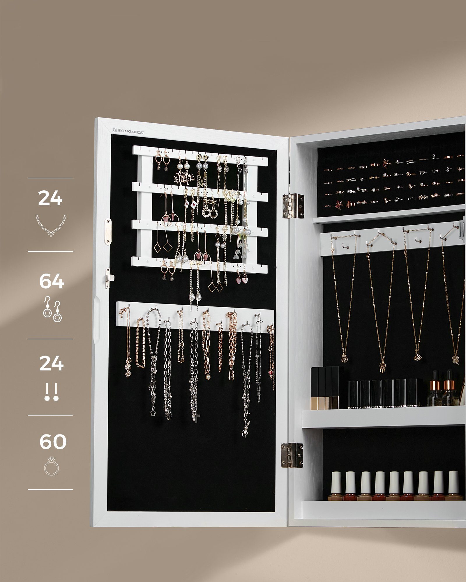 SONGMICS Schmuckschrank Spiegelschrank abschließbarer Wandschrank, platzsparender Schmuckorganizer – Bild 5 von 5