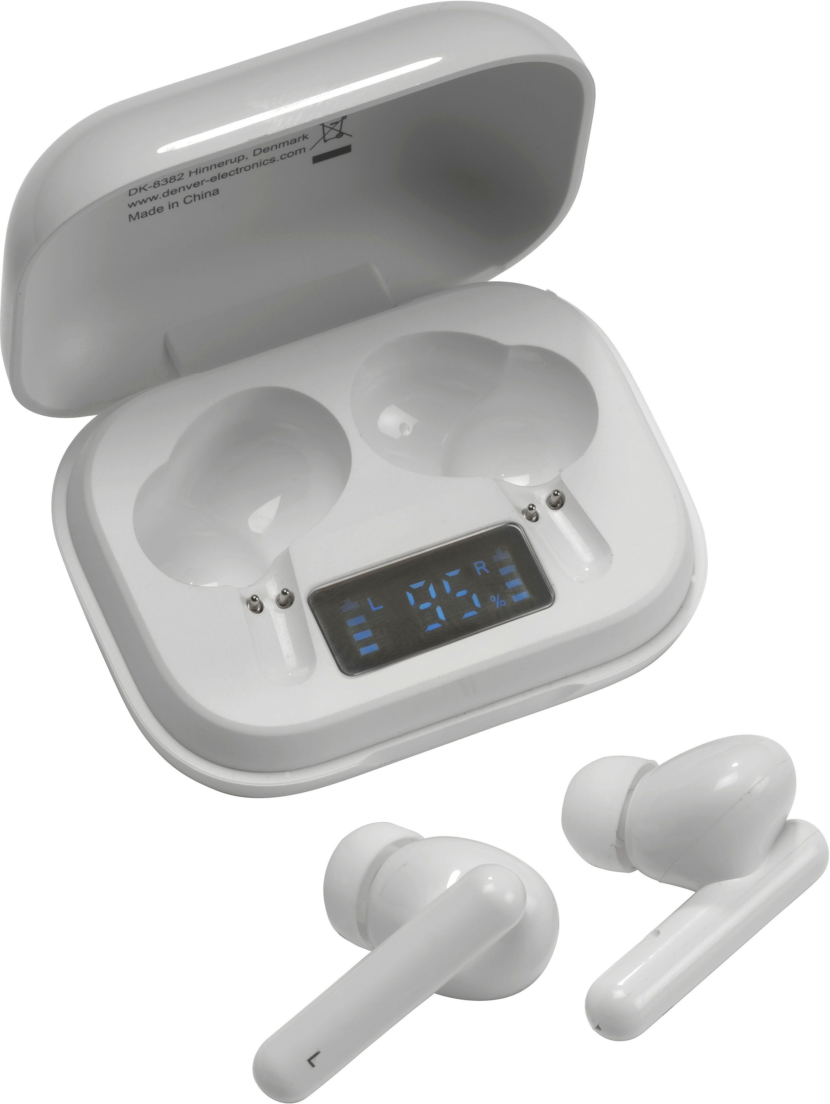 Denver TWE-38 Kabelloser- In-Ear-Kopfhörer (Freisprechfunktion, LED Ladestandsanzeige, True Wireless, integrierte Steuerung für Anrufe und Musik, Bluetooth)