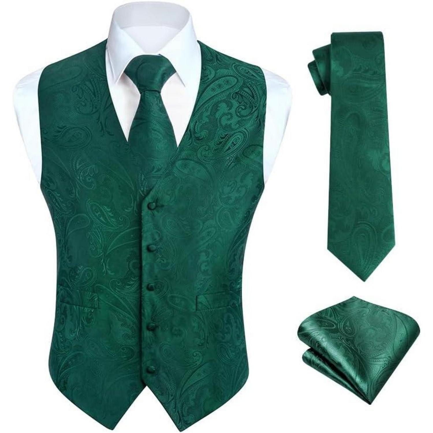 LuxusKollektion Krawatte Weste Herren Floral Jacquard Hochzeit Krawatte Einstecktuch M Grün-N