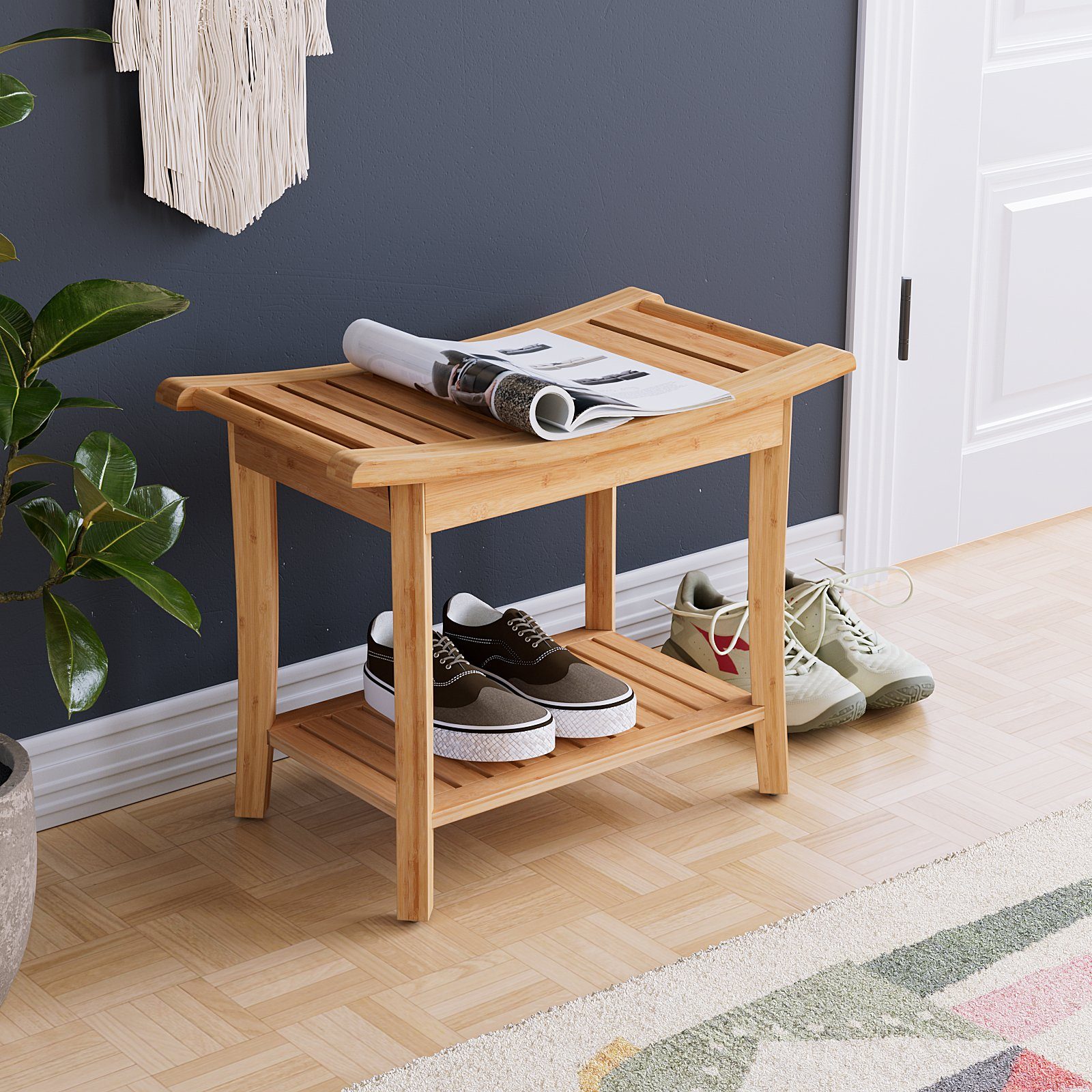 HOMECHO Dusch- und Badhocker, belastbar bis 150 kg, Sitzhocker Sitzbank Bambus