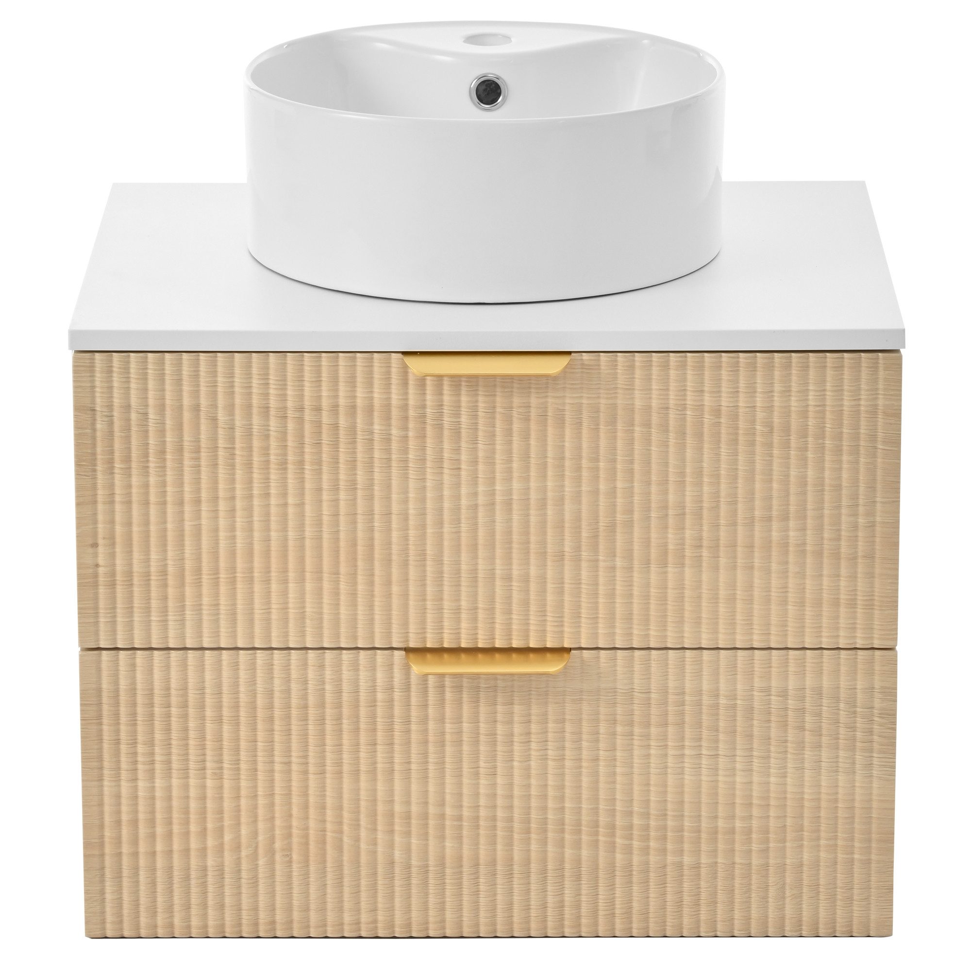 Flieks Waschtisch Badzimmerschrank mit 2 Schubladen in Holzoptik & runder Waschbecken (B60/T45/H60 cm, 1-St., wandhängend), Waschbeckenunterschrank mit Aufsatzb – Bild 5 von 5