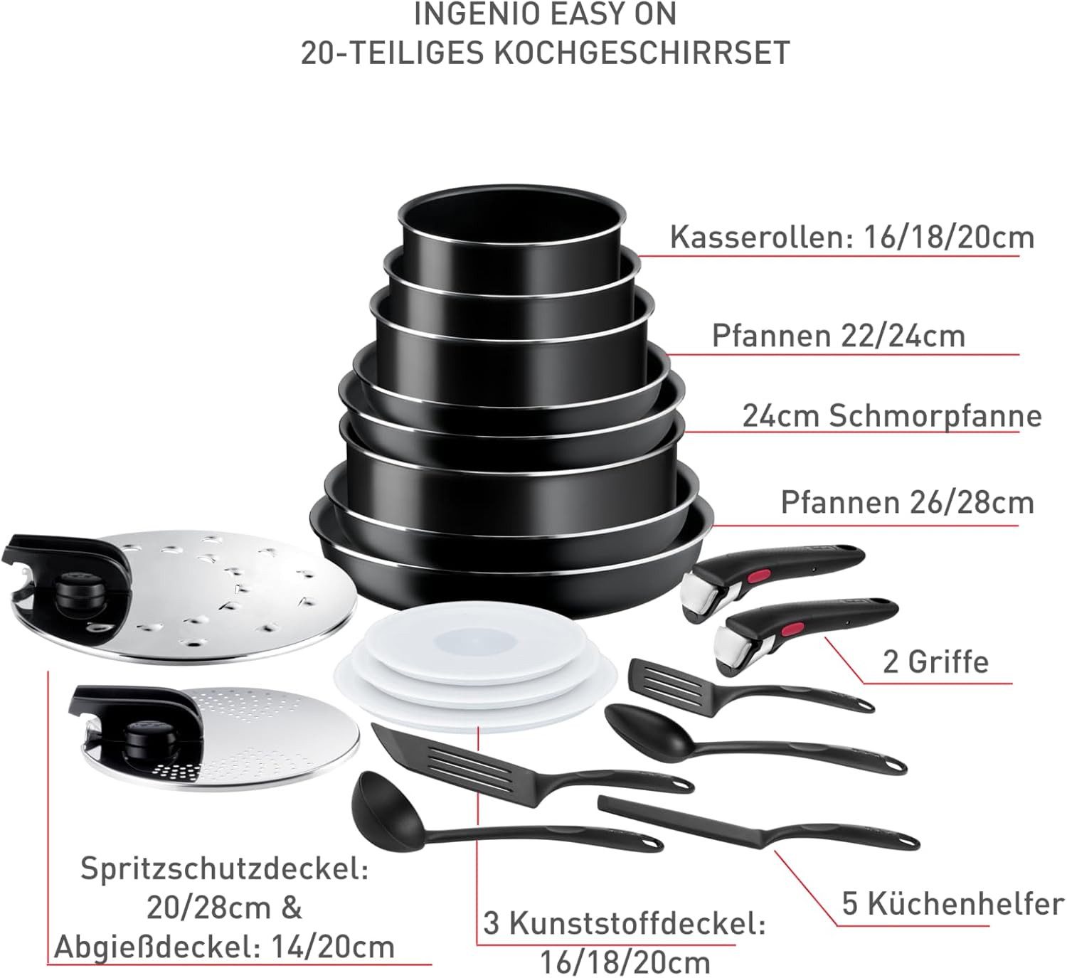 Tefal Pfannen-Set Ingenio Easy On 20tlg Topf Pfannen Set abnehmbarer Griff (L15994)