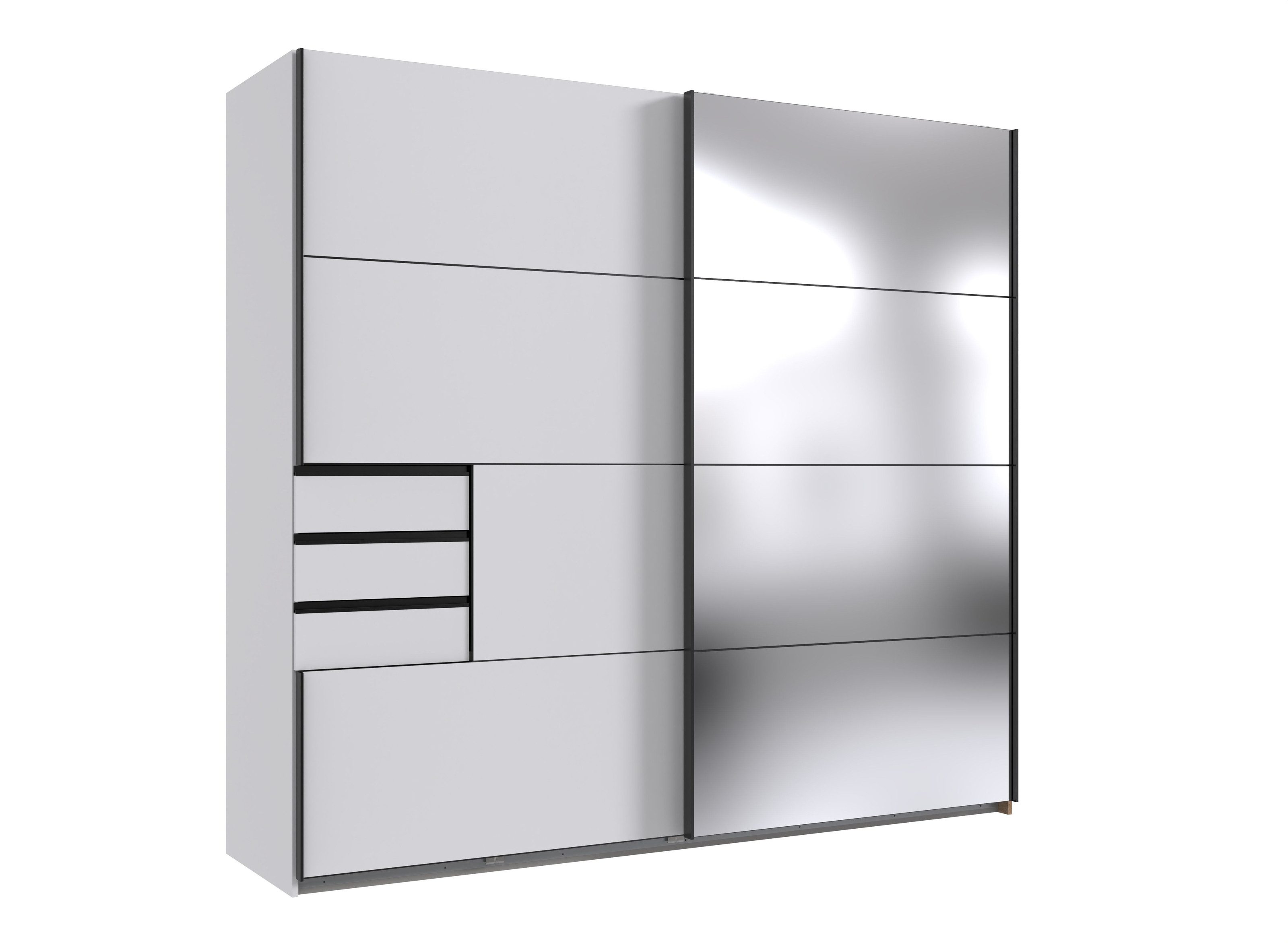 Schwebetürenschrank 3 Schübe, Spiegel / Weiß - 225x208x64cm (BxHxT)
