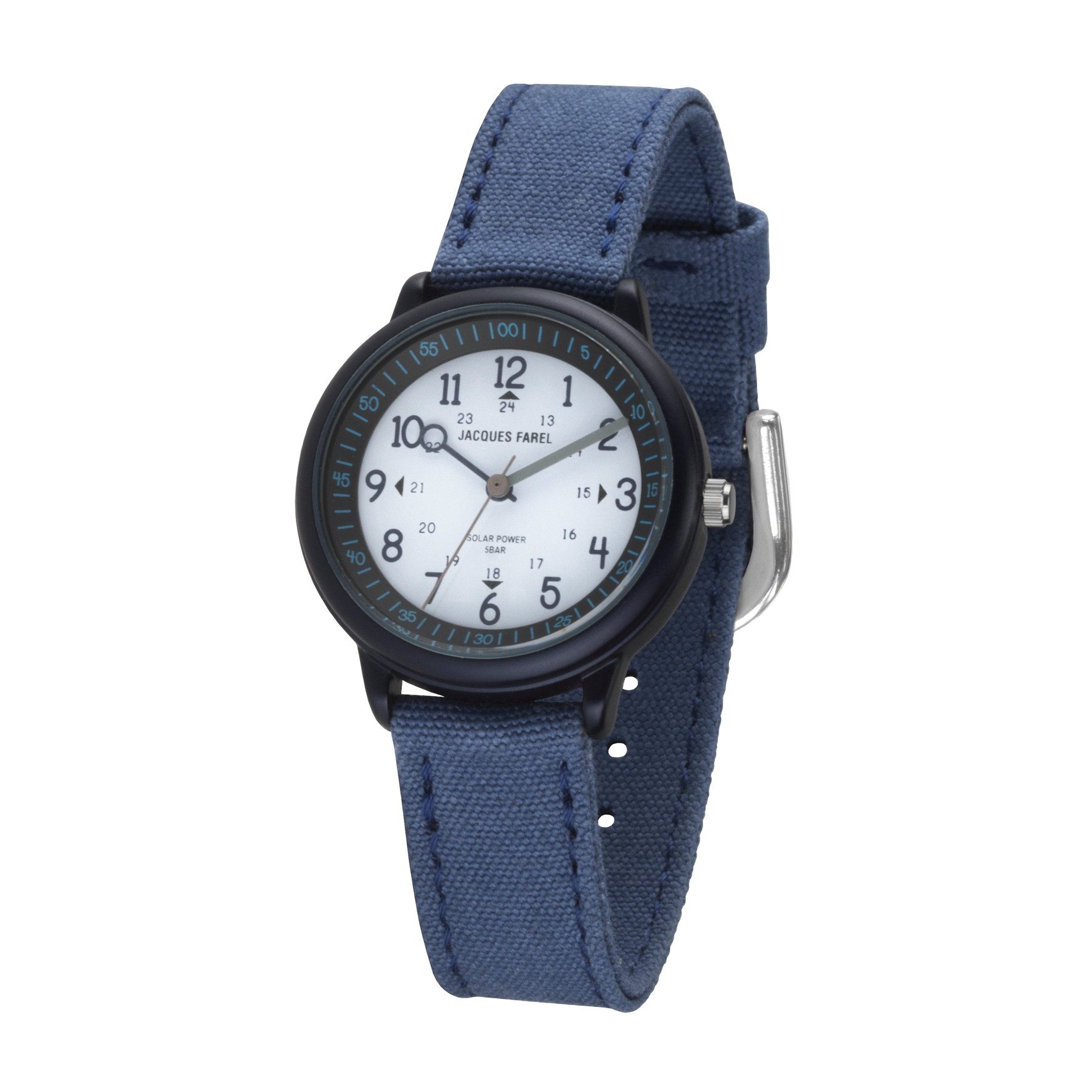 Jacques Farel Solaruhr ORSO Kinder Armbanduhr Solar Baumwollband, analog nachhaltig Geschenkidee Einschulung Kids Ø 30 mm